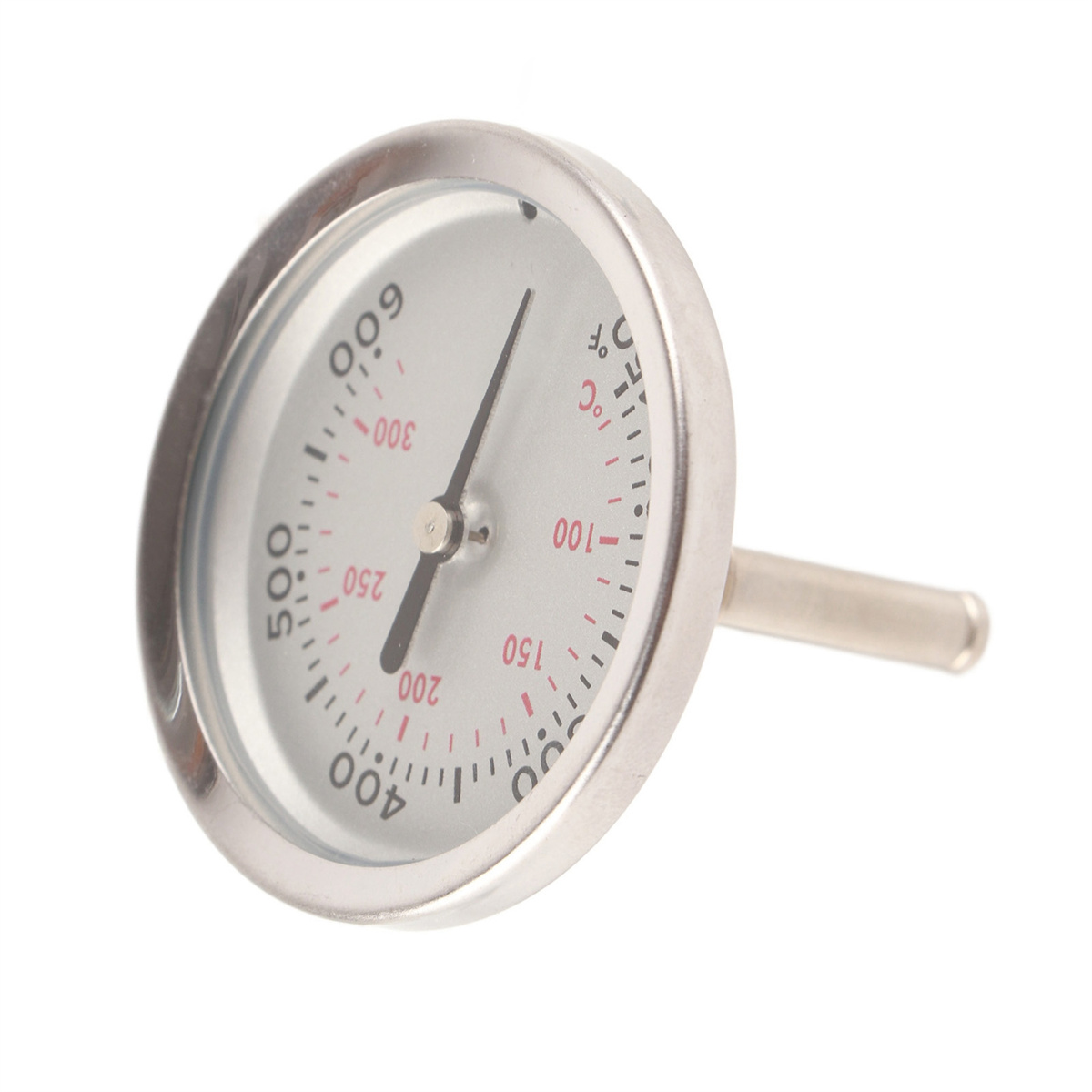 Rundes Thermometer, misst in Fahrenheit. Nadel bei etwa 200 Grad.