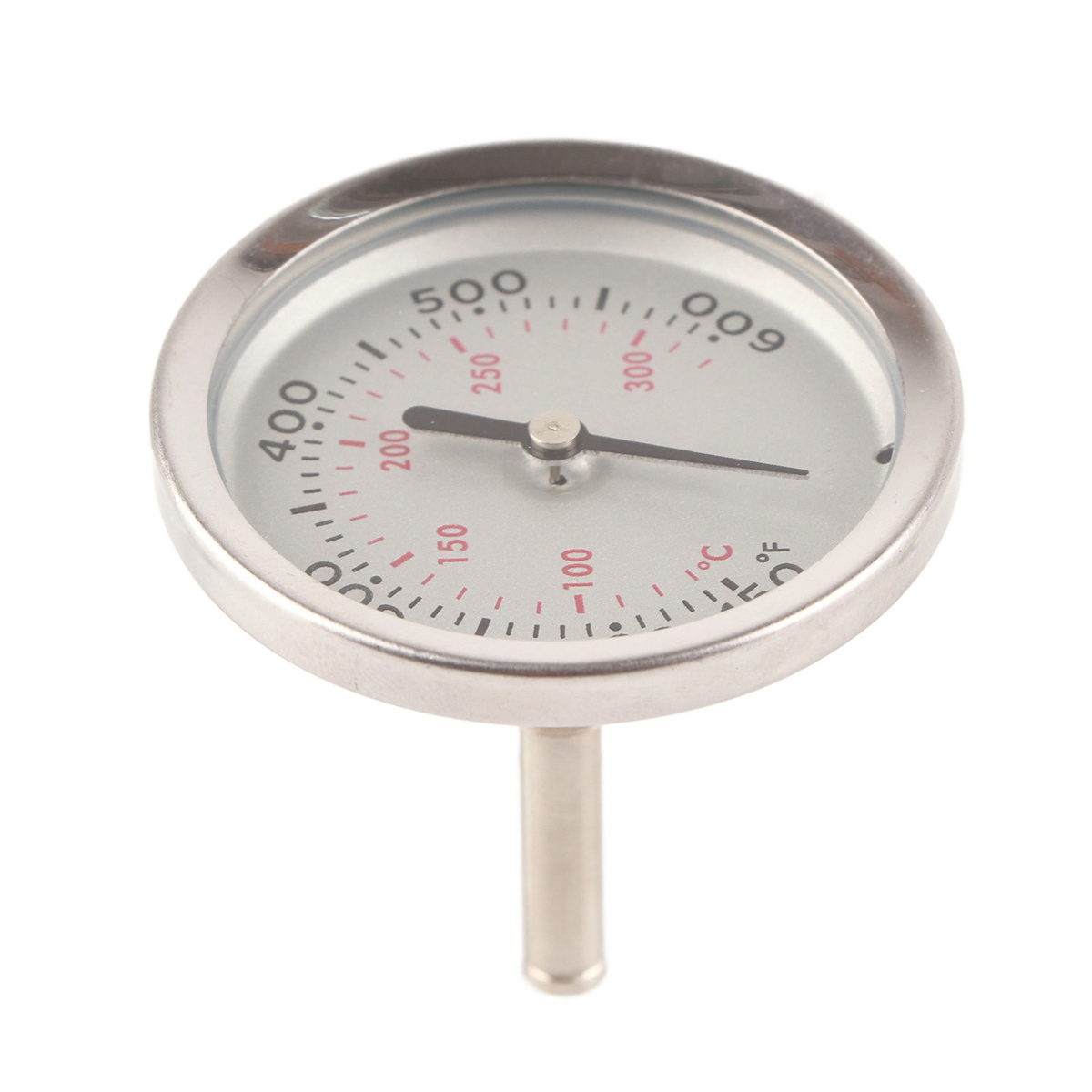Rundes Thermometer mit silbernem Gehäuse, zeigt die Temperatur.