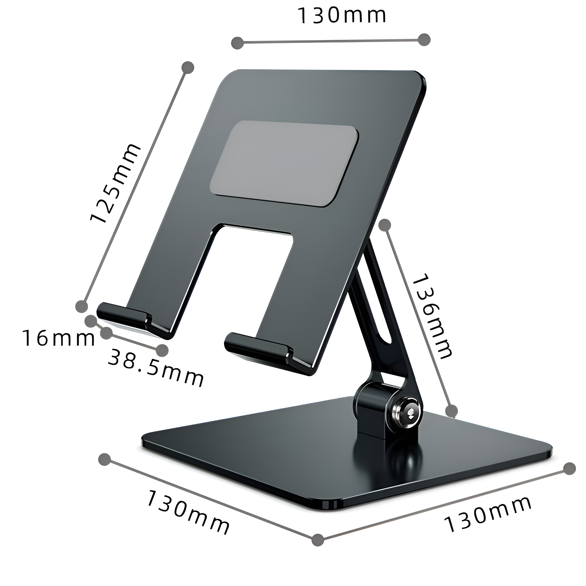 Schwarzer Laptopständer mit Maßangaben: 125 mm Höhe, 130 mm Breite, 136 mm Tiefe.