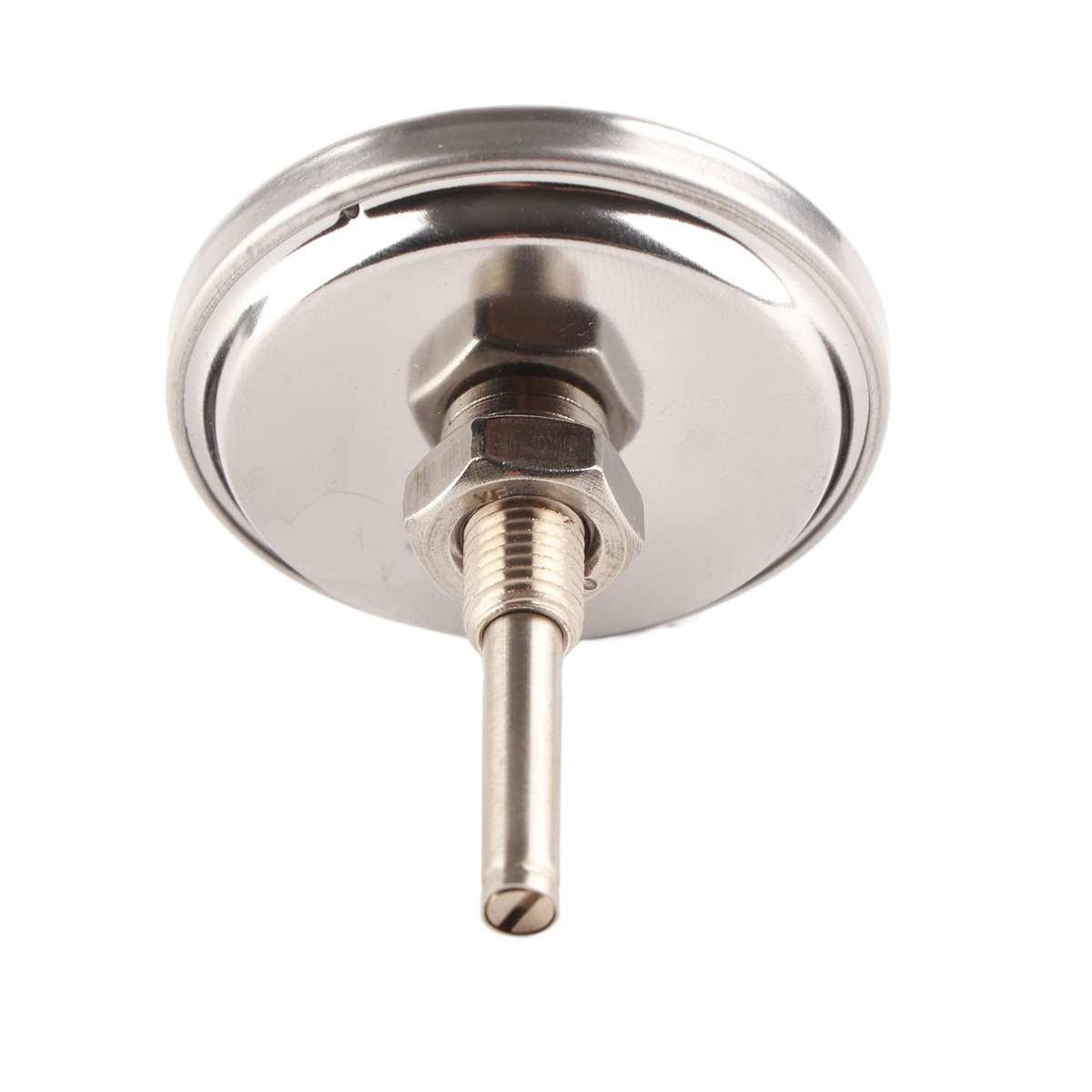 Ein runder Metallthermometer. Es hat eine Metallsonde und eine Schraube. Isoliert auf weißem Hintergrund.