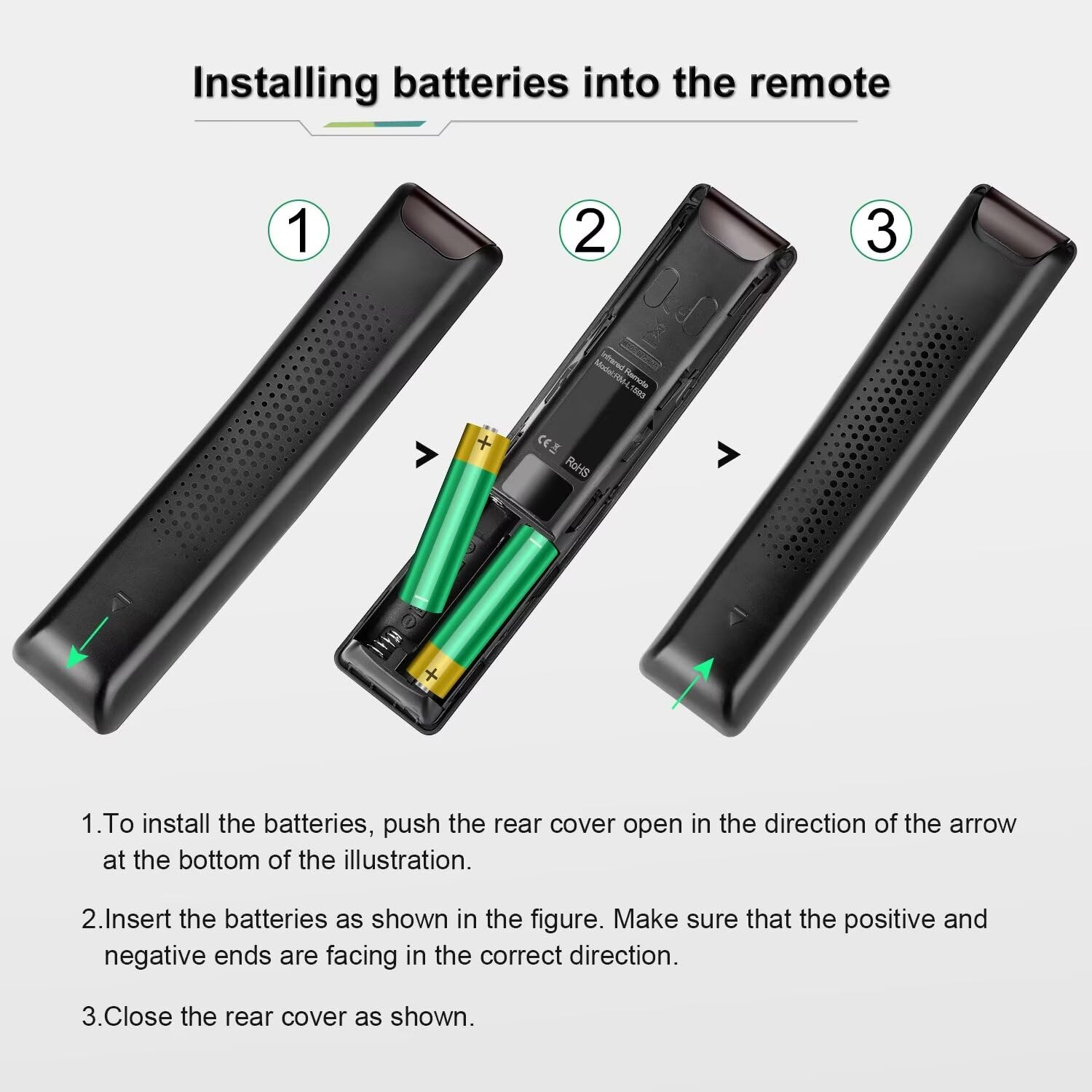 Diagramm, wie man Batterien in eine Fernbedienung einlegt, schwarzes Gehäuse.