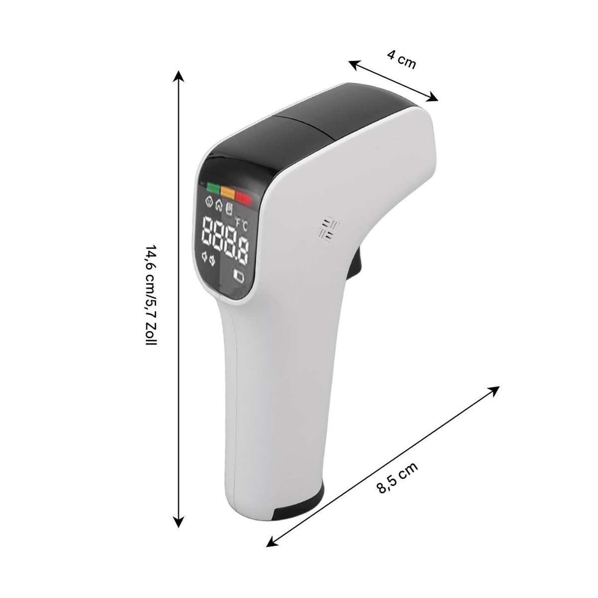 Ein weißes Thermometer mit schwarzem Oberteil. Es zeigt Zahlen auf einem Bildschirm an. Abmessungen sind angegeben.
