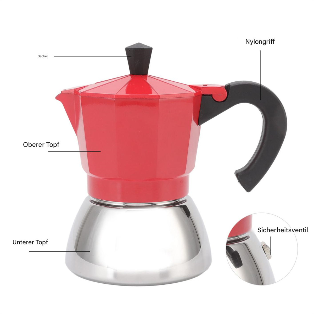 Roter und silberner Kaffeebereiter. Etiketten zeigen auf Deckel, Obertopf und Untertopf.