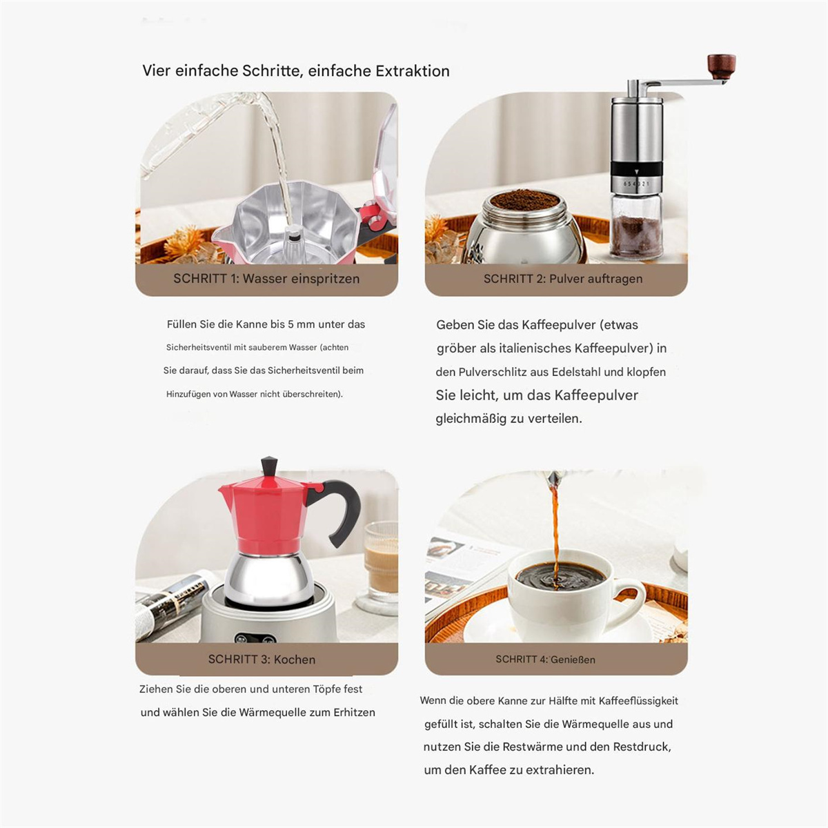 Vier Schritte zur Kaffeezubereitung in einem roten italienischen Kaffeezubereiter. Weißer Hintergrund, Nahaufnahme.