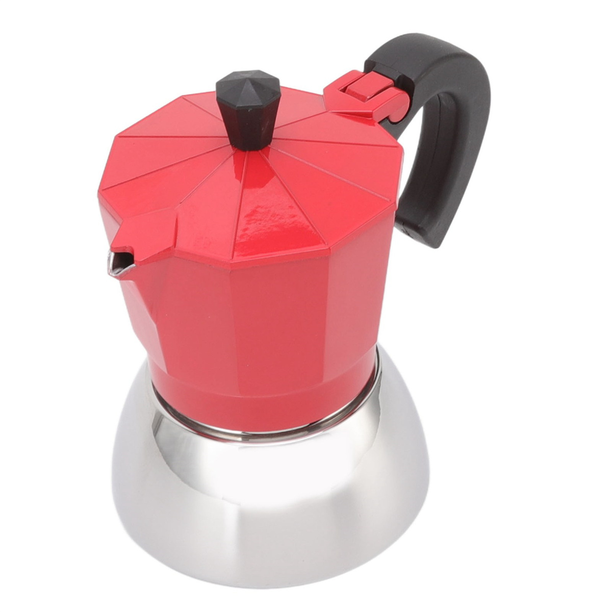 Roter und silberner Espressokocher. Roter Körper, schwarzer Griff, silberner Boden.