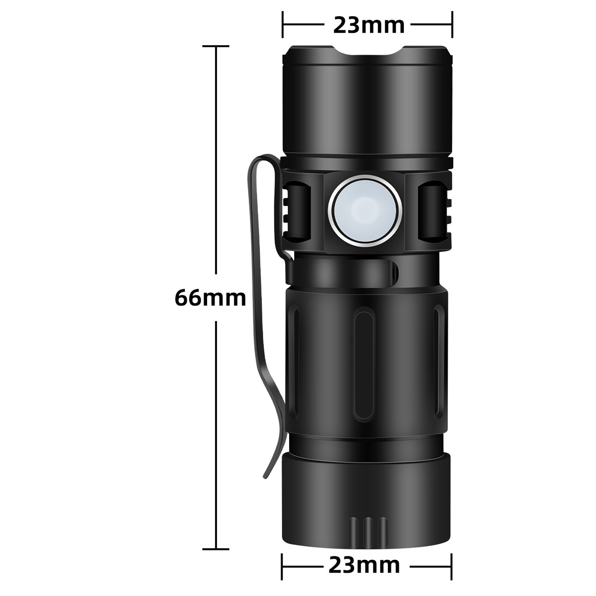 Eine schwarze Taschenlampe mit den Maßen 23 mm x 66 mm. Ein Taschenclip ist angebracht.