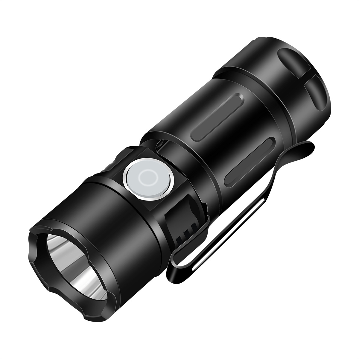 Schwarze Taschenlampe mit silbernem Knopf und Clip. Die Taschenlampe befindet sich auf weißem Hintergrund, nach oben rechts geneigt.
