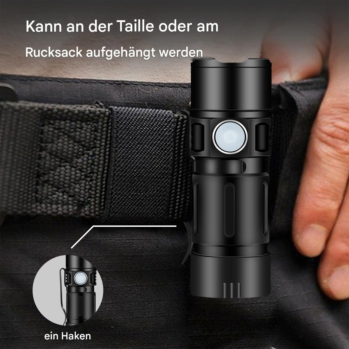Schwarze Taschenlampe an einem Gürtel befestigt. Ein kleineres Bild der Taschenlampe wird gezeigt.
