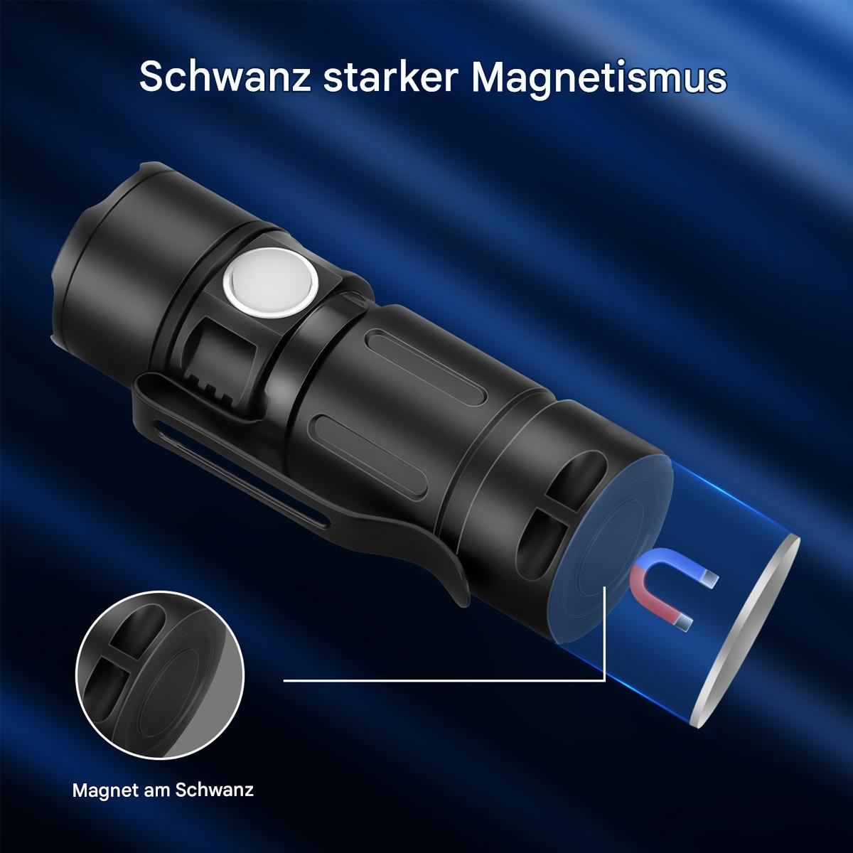 Schwarze Taschenlampe mit Magnet am Ende, blauer Bereich zeigt Magnetfeld.