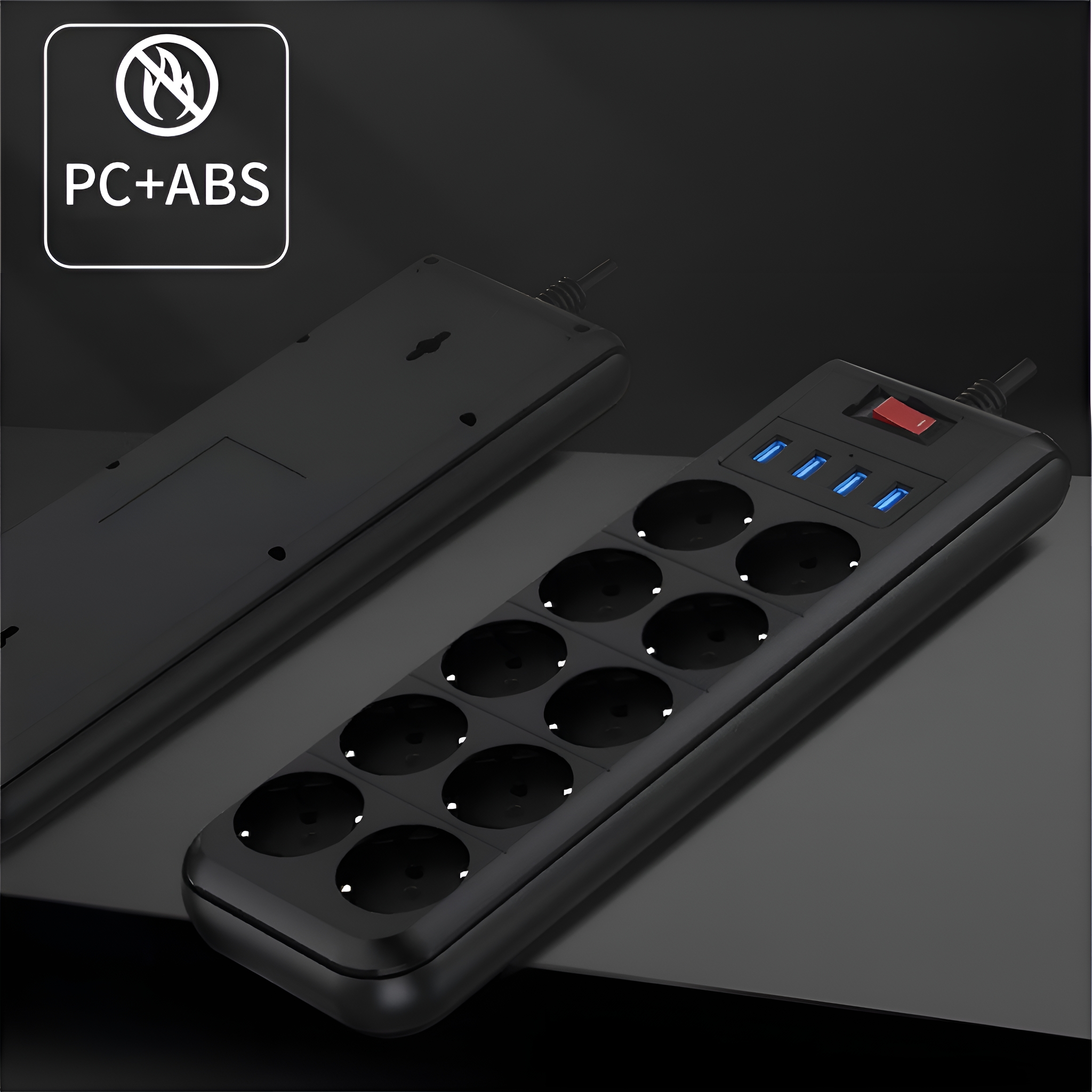 Schwarze Steckdosenleiste mit 10 Steckdosen, 3 USB-Anschlüssen und einem roten Einschaltknopf. Dunkler Hintergrund.