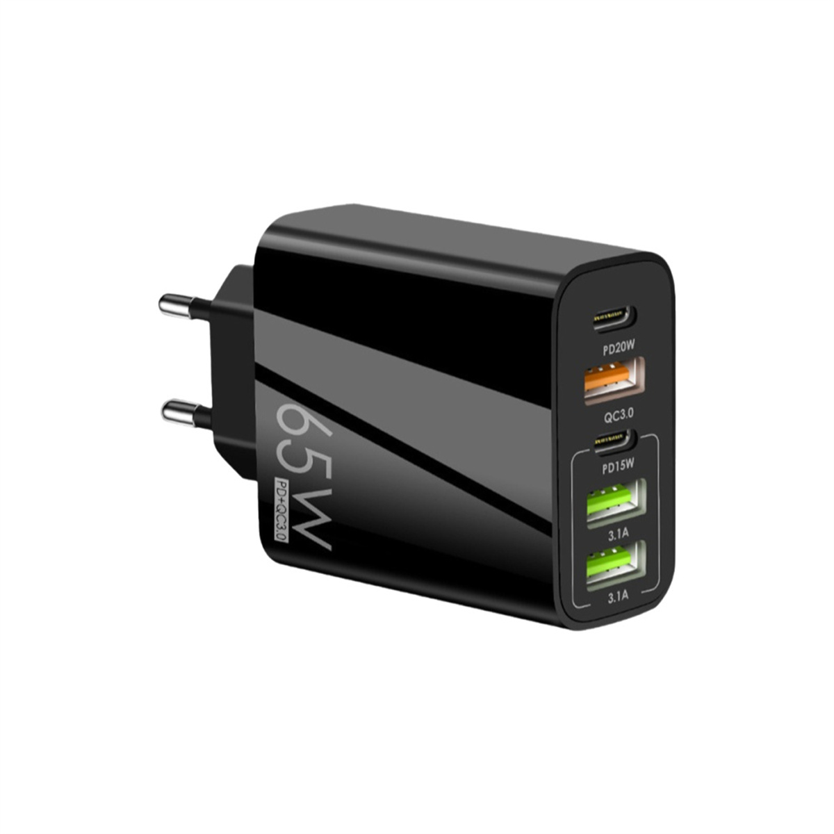 Ein schwarzes Netzteil mit drei USB-Anschlüssen, beschriftet mit 65W.