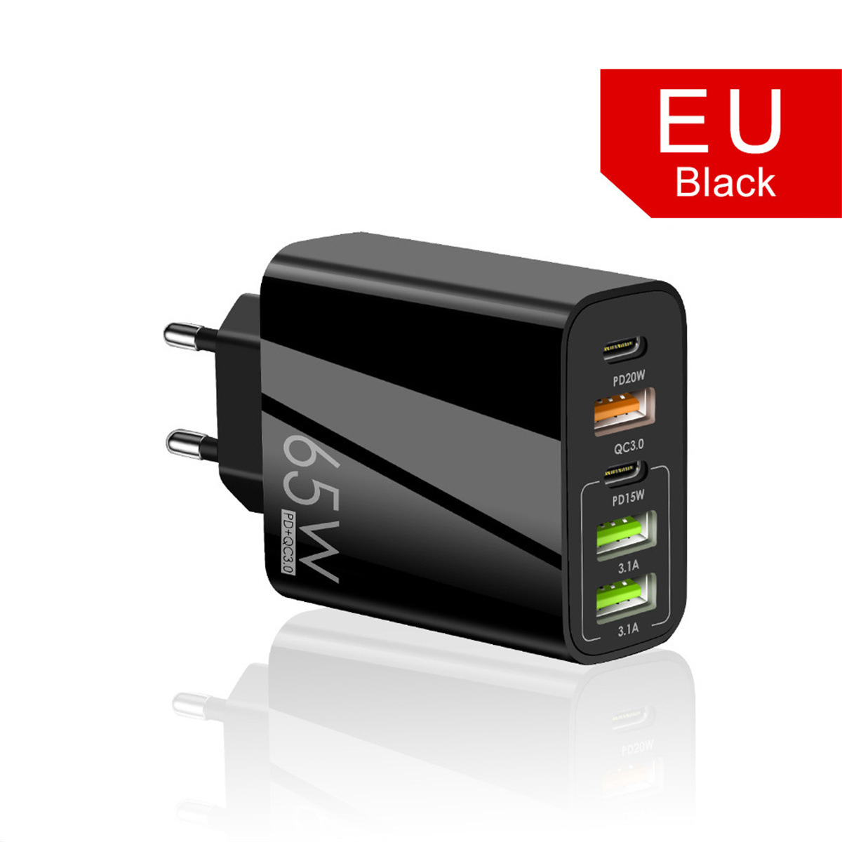 Schwarzer EU-Stecker mit Ladegerät. Es verfügt über mehrere USB-Anschlüsse zum Aufladen. EU Black-Text in der oberen rechten Ecke.