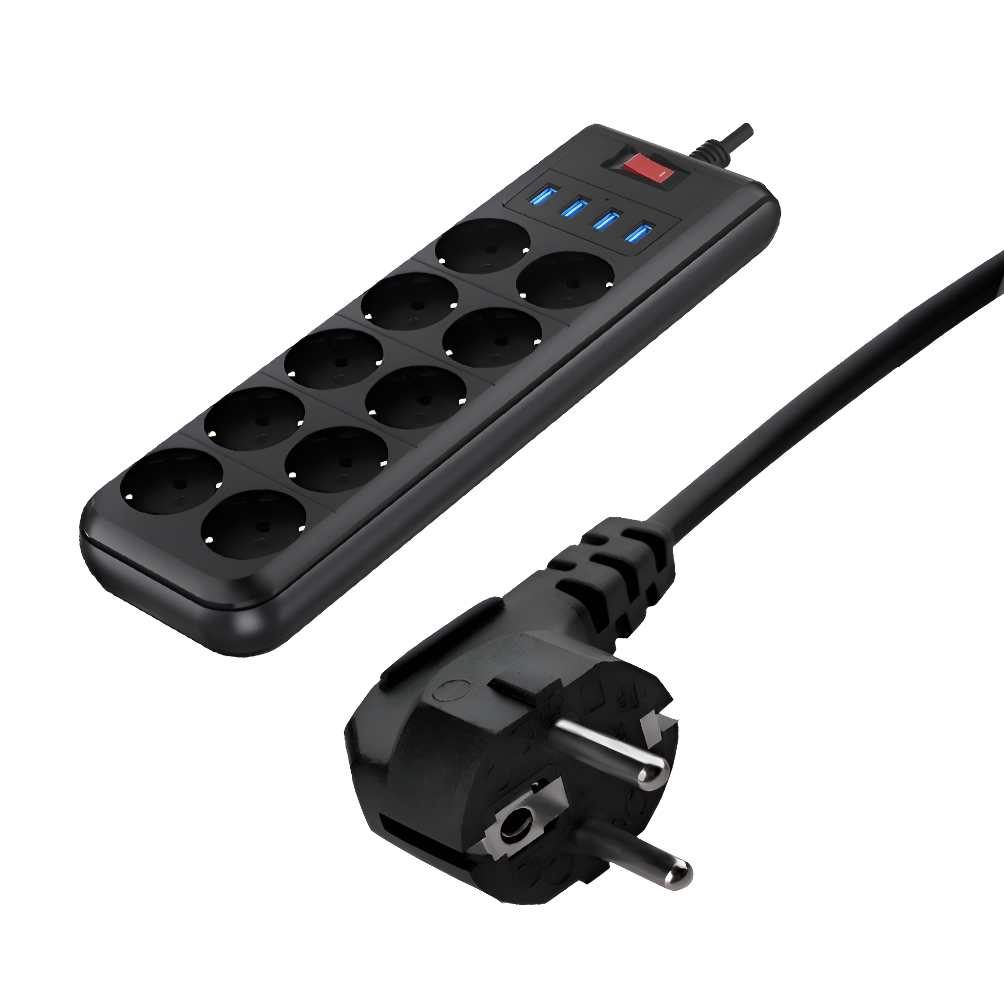 Eine schwarze Steckdosenleiste mit 8 Steckdosen, 3 USB-Anschlüssen und einem roten Netzschalter.