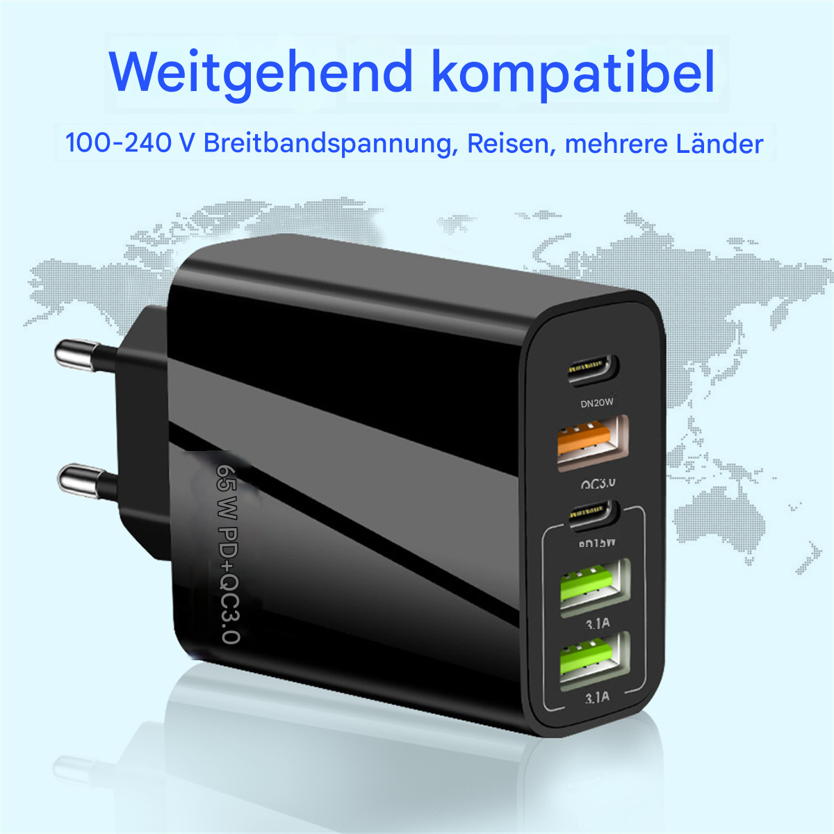 Schwarzes Netzteil mit mehreren Anschlüssen und Text. Das Produkt ist 65W und hat einen Stecker.