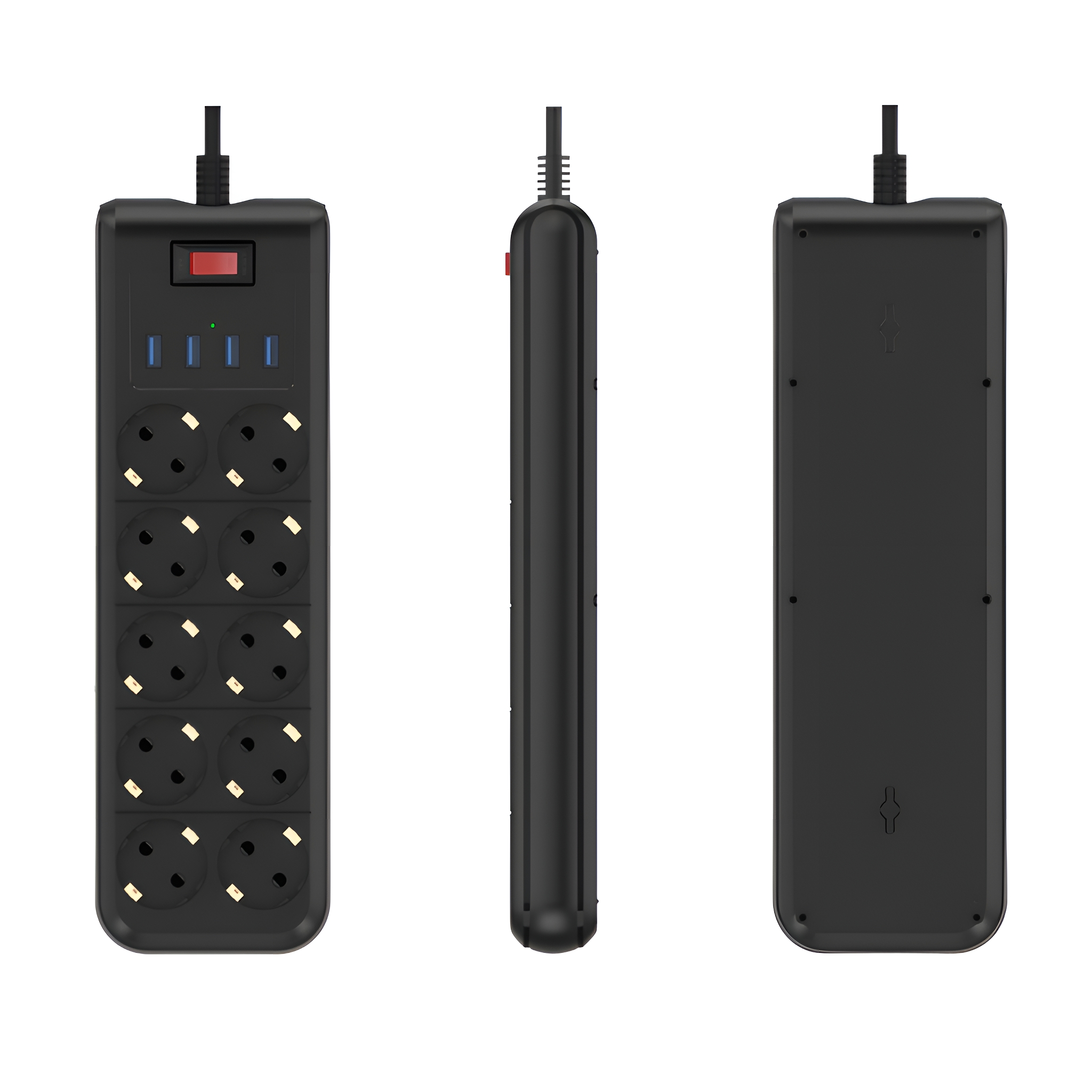 Schwarze Steckdosenleiste mit mehreren Steckdosen, USB-Anschlüssen und rotem Schalter.