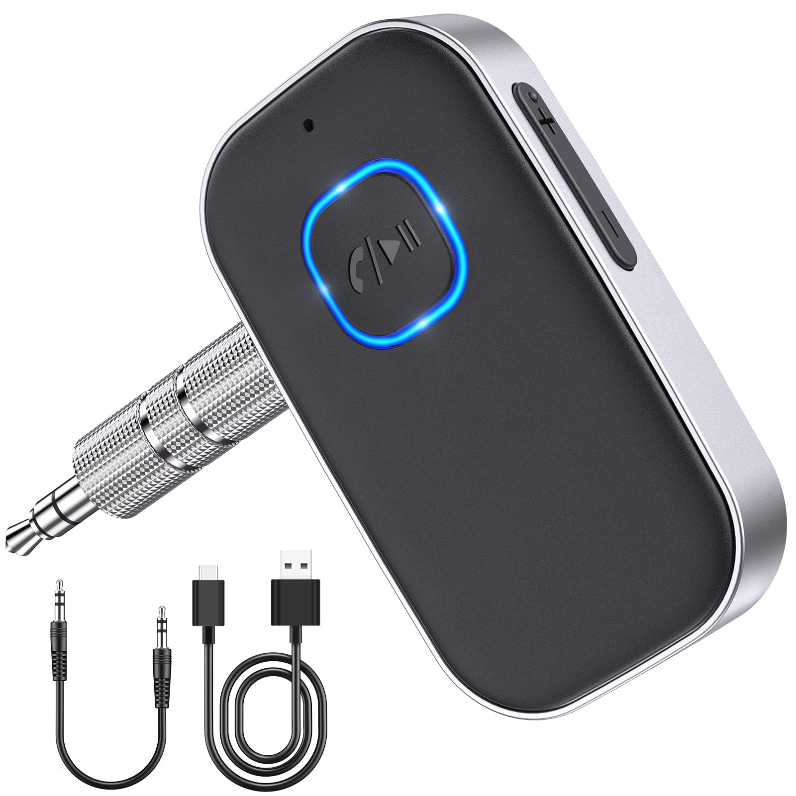 Ricevitore Bluetooth nero e argento con cavi e pulsante play/pausa.