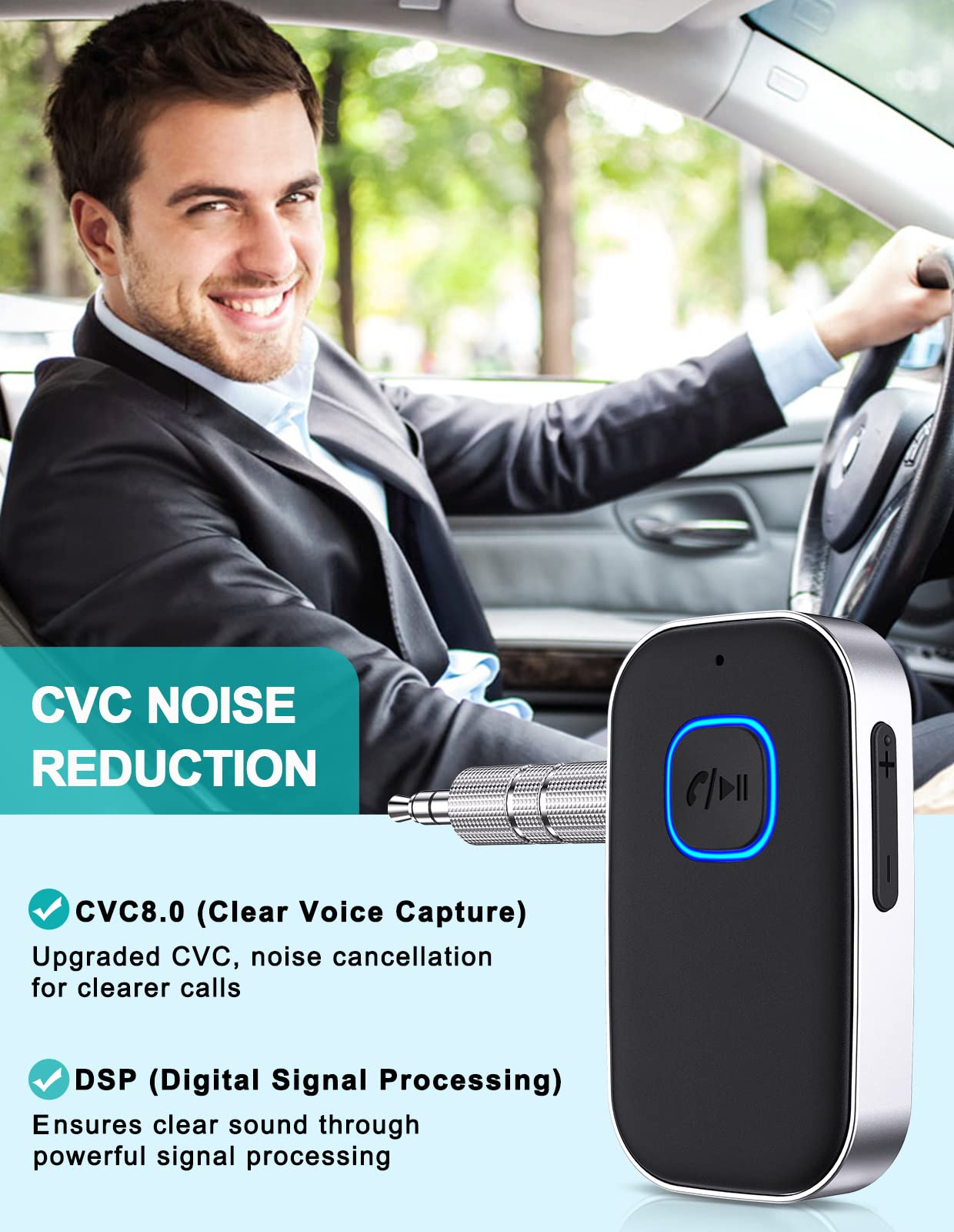 Mann im Auto mit CVC Noise Reduction Gerät eingesteckt. Text über Rauschunterdrückungsfunktionen.