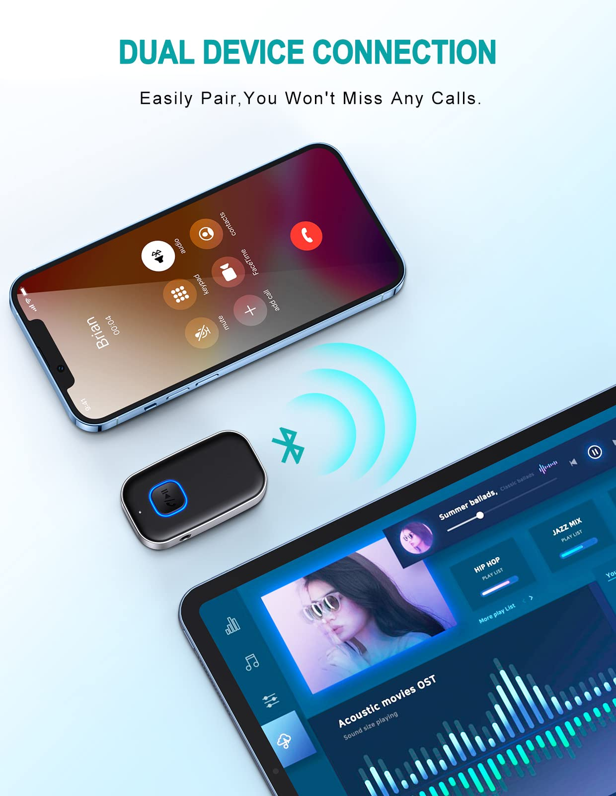 Zwei Geräte. Eines ist ein Telefon in einem Anruf, das andere ist ein Tablet, das Musik abspielt, verbunden über ein Bluetooth-Gerät.