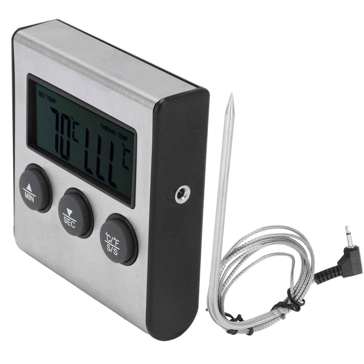 Digitales Thermometer mit Sonde und Knöpfen. Silbernes Gehäuse, schwarzes Display.