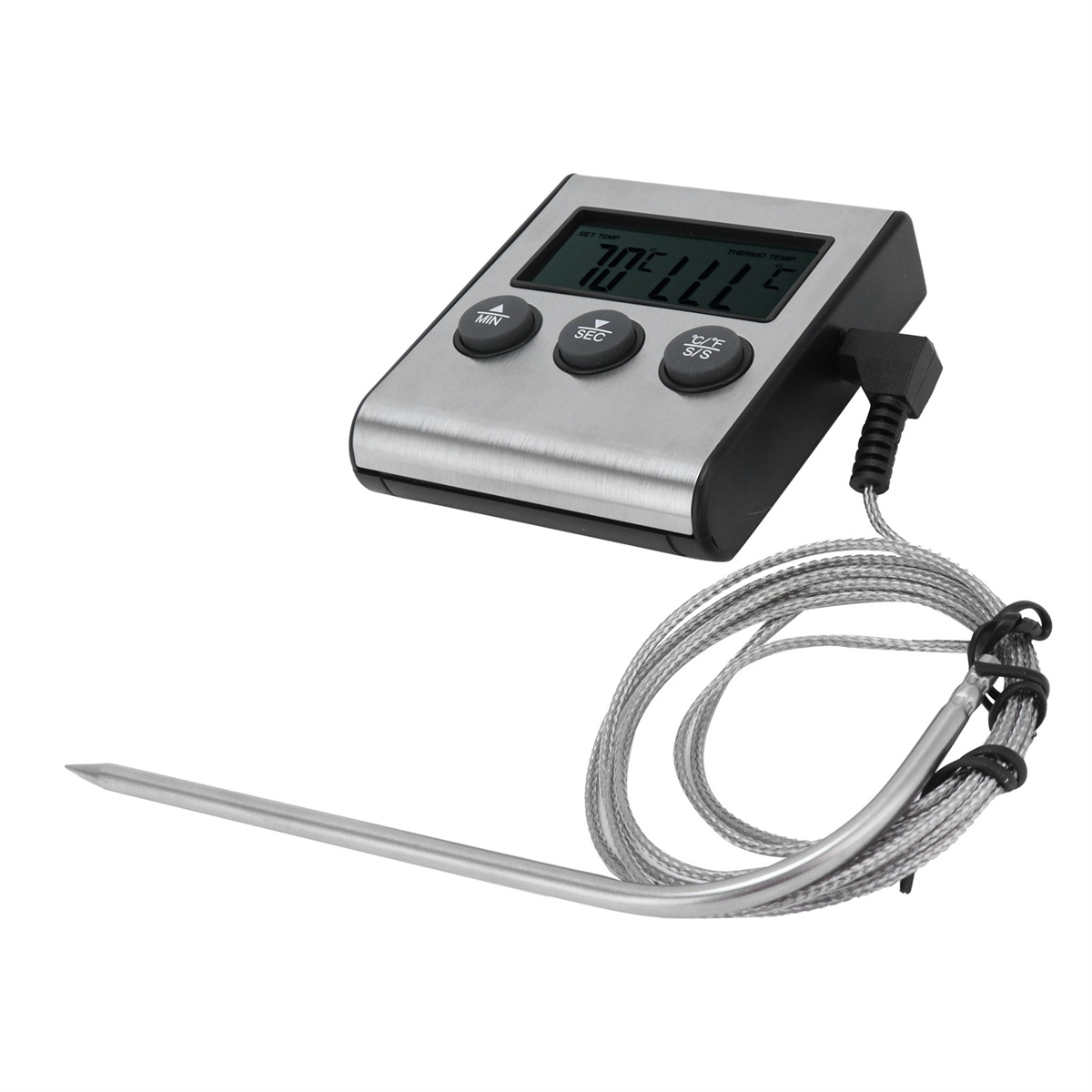 Ein digitales Lebensmitteltemperaturmessgerät mit Sonde. Das Thermometer hat 3 Tasten und ein Digitaldisplay.