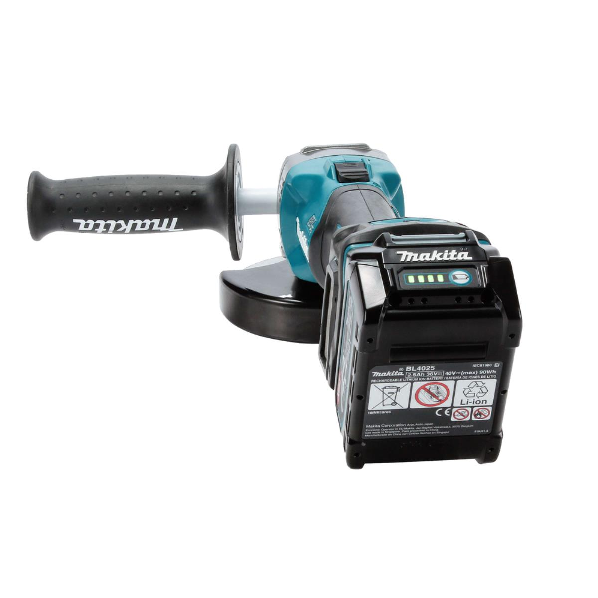 Ein teal-schwarzer Makita-Winkelschleifer mit Akku und Griff.