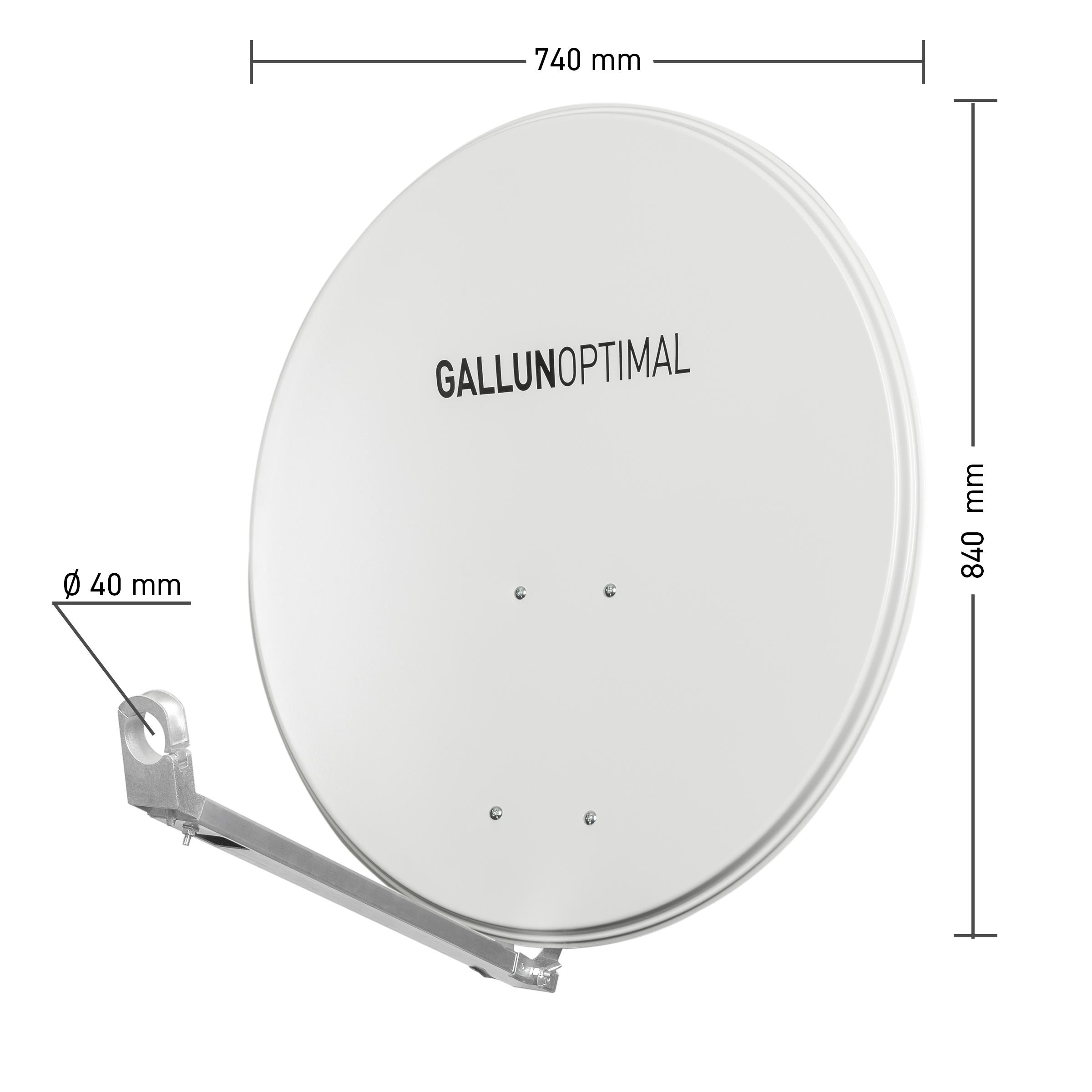 Eine Satellitenschüssel mit beschrifteten Abmessungen, weiß vor weißem Hintergrund.