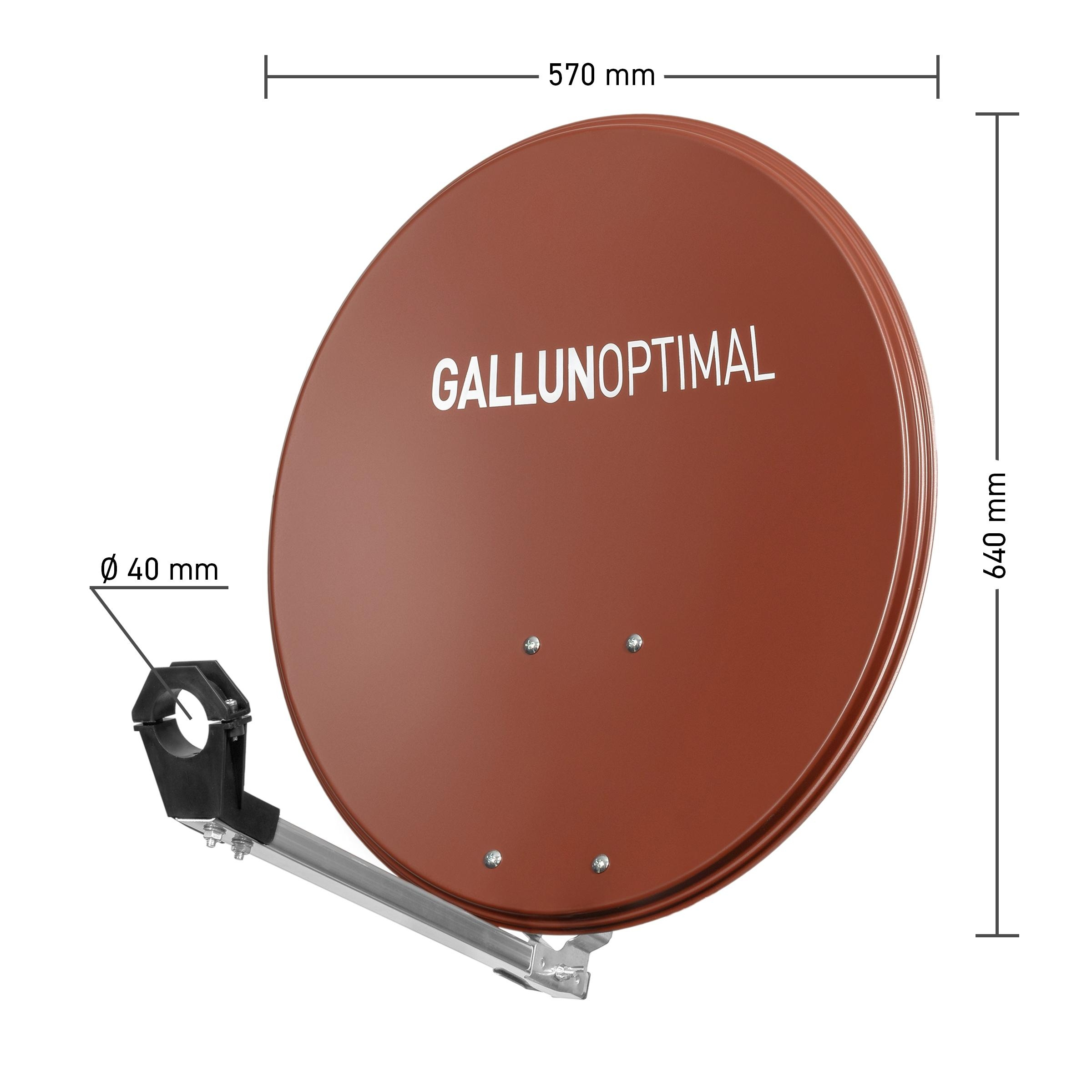 Braune Satellitenschüssel mit dem Wort GALLUNOPTIMAL. Abmessungen und Halterung werden gezeigt.