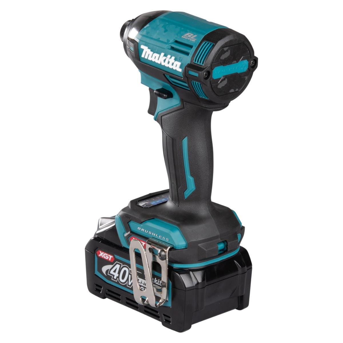Avvitatore a impulsi cordless nero e verde acqua, batteria collegata.
