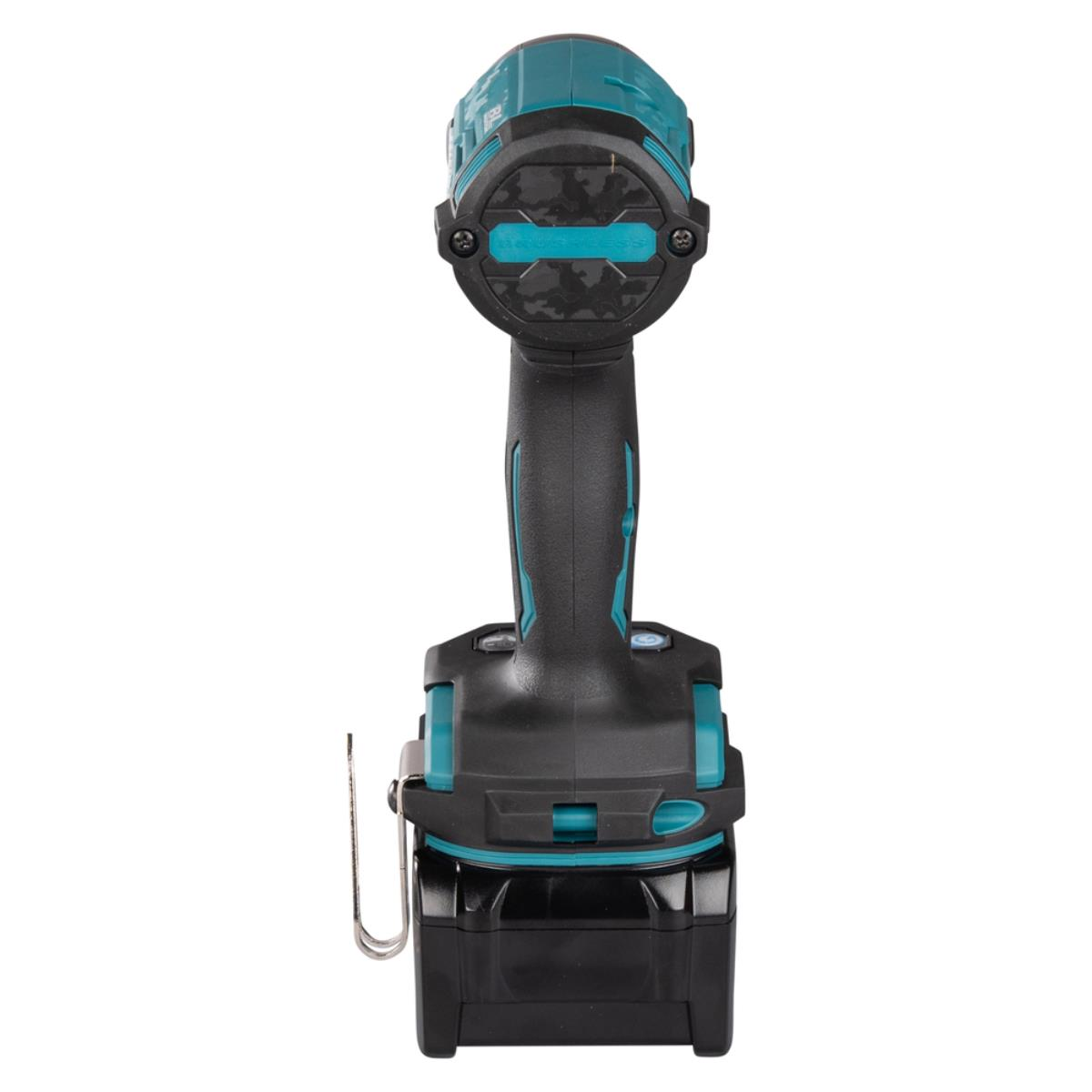 Trapano Makita nero e turchese, vista dall'alto, con batteria nera.