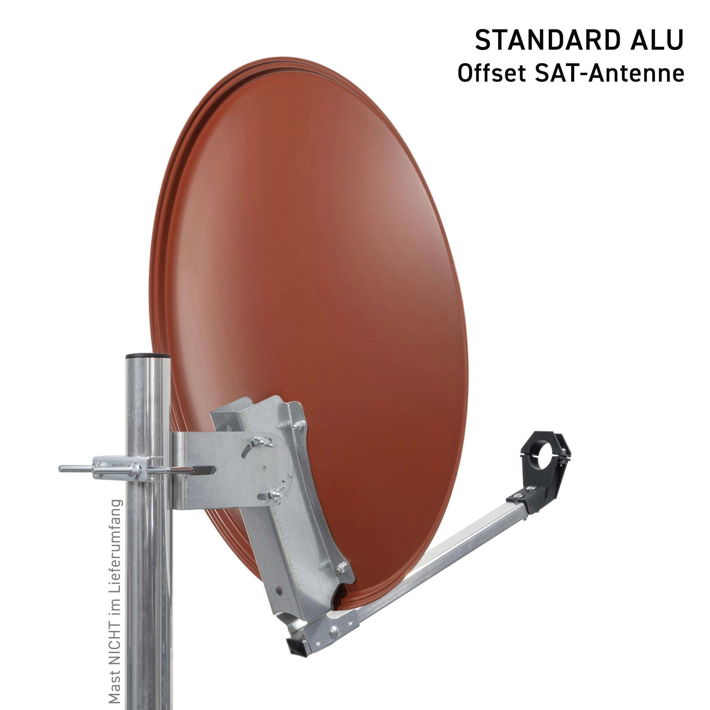 Braune Satellitenschüssel mit silberner Tragstruktur.