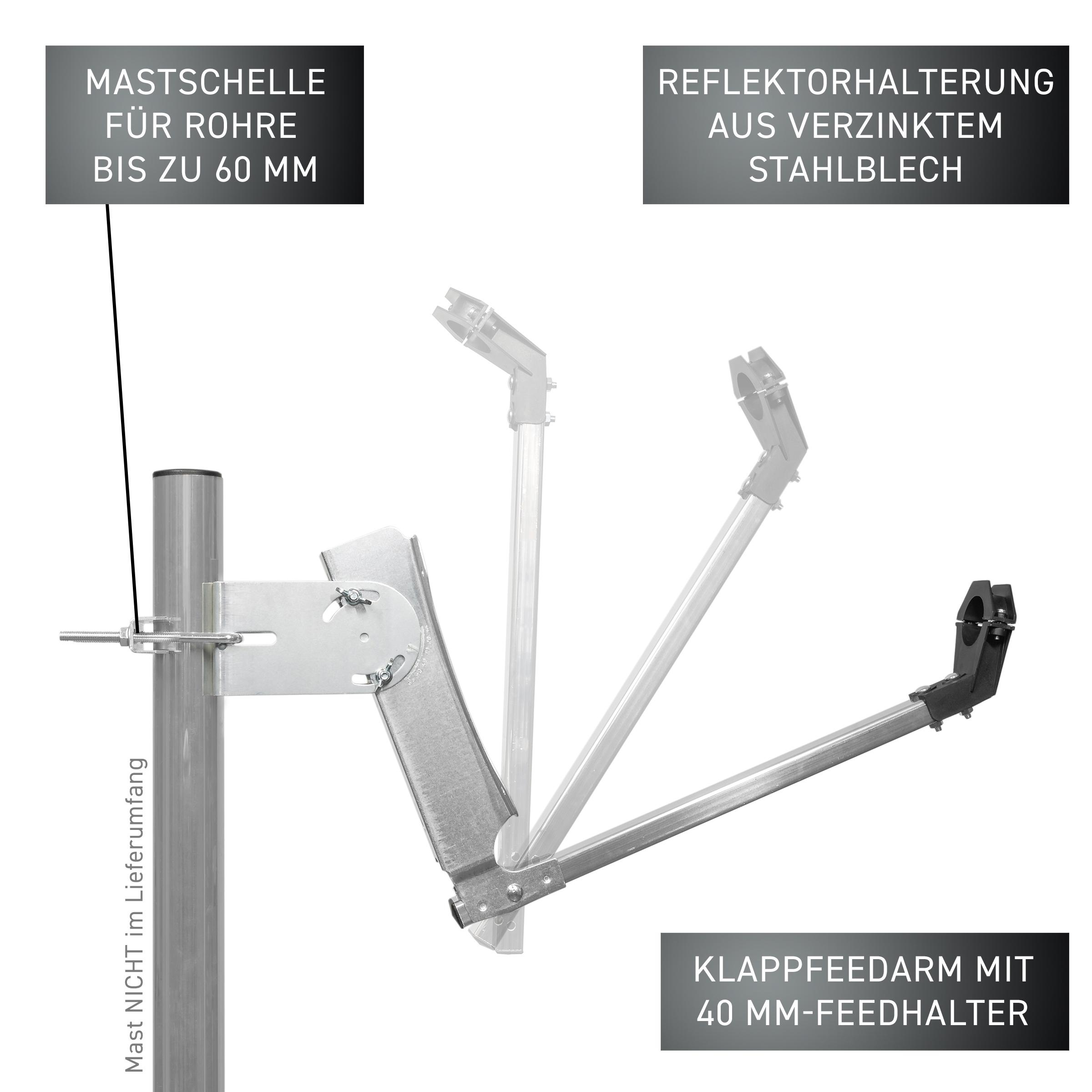 Metall-Antennenhalterung, mit verschiedenen Positionen, auf weißem Hintergrund.