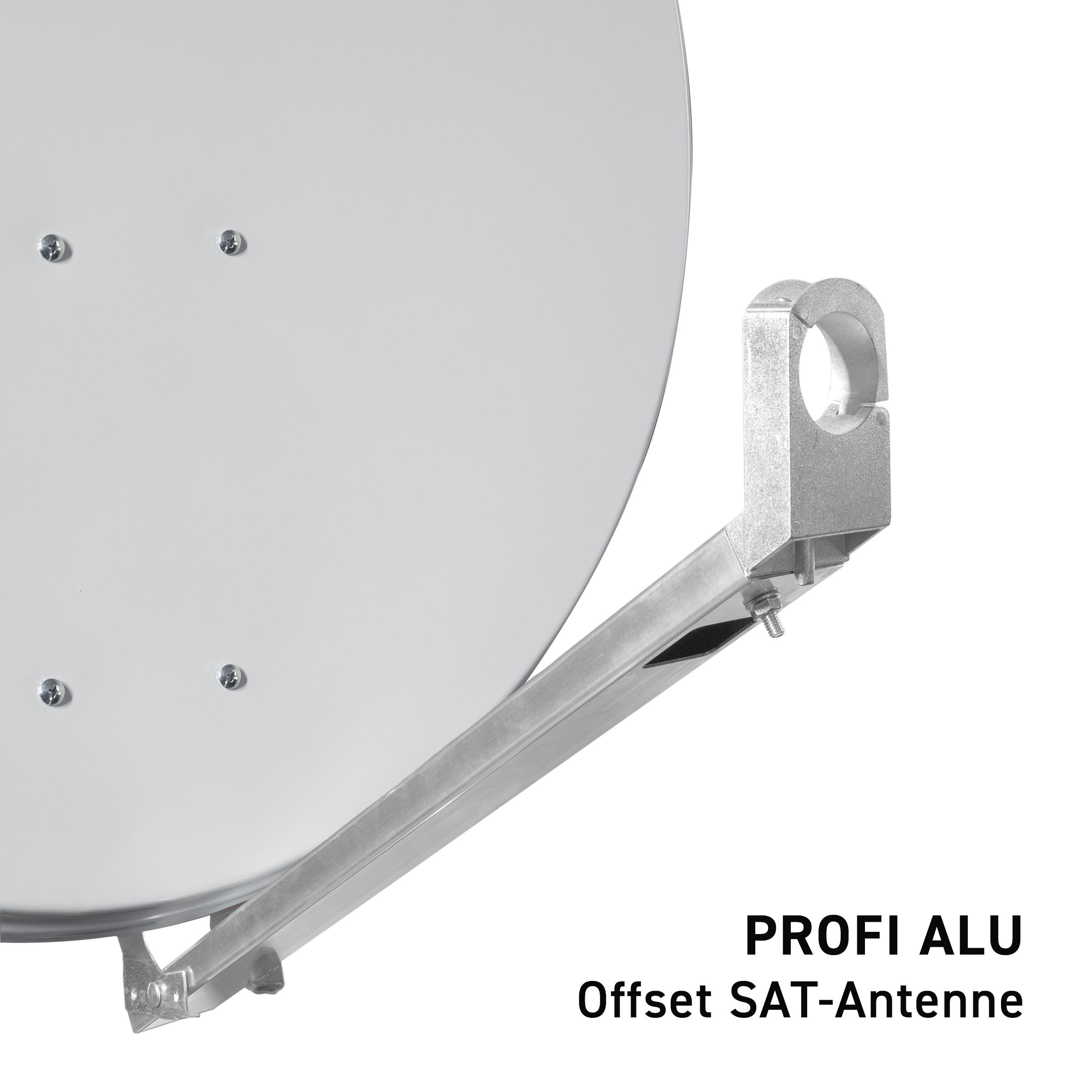Satellitenschüssel mit Halterung. Die Halterung ist silberfarben und an der Rückseite befestigt.