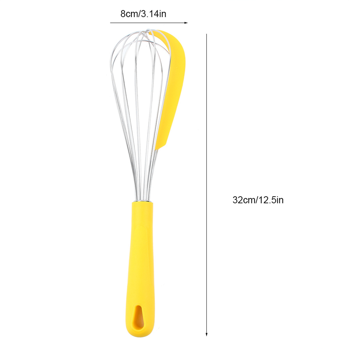 Gelber Schneebesen mit Edelstahl-Drähten. Abmessungen: 8cm/3,14in breit, 32cm/12,5in lang.