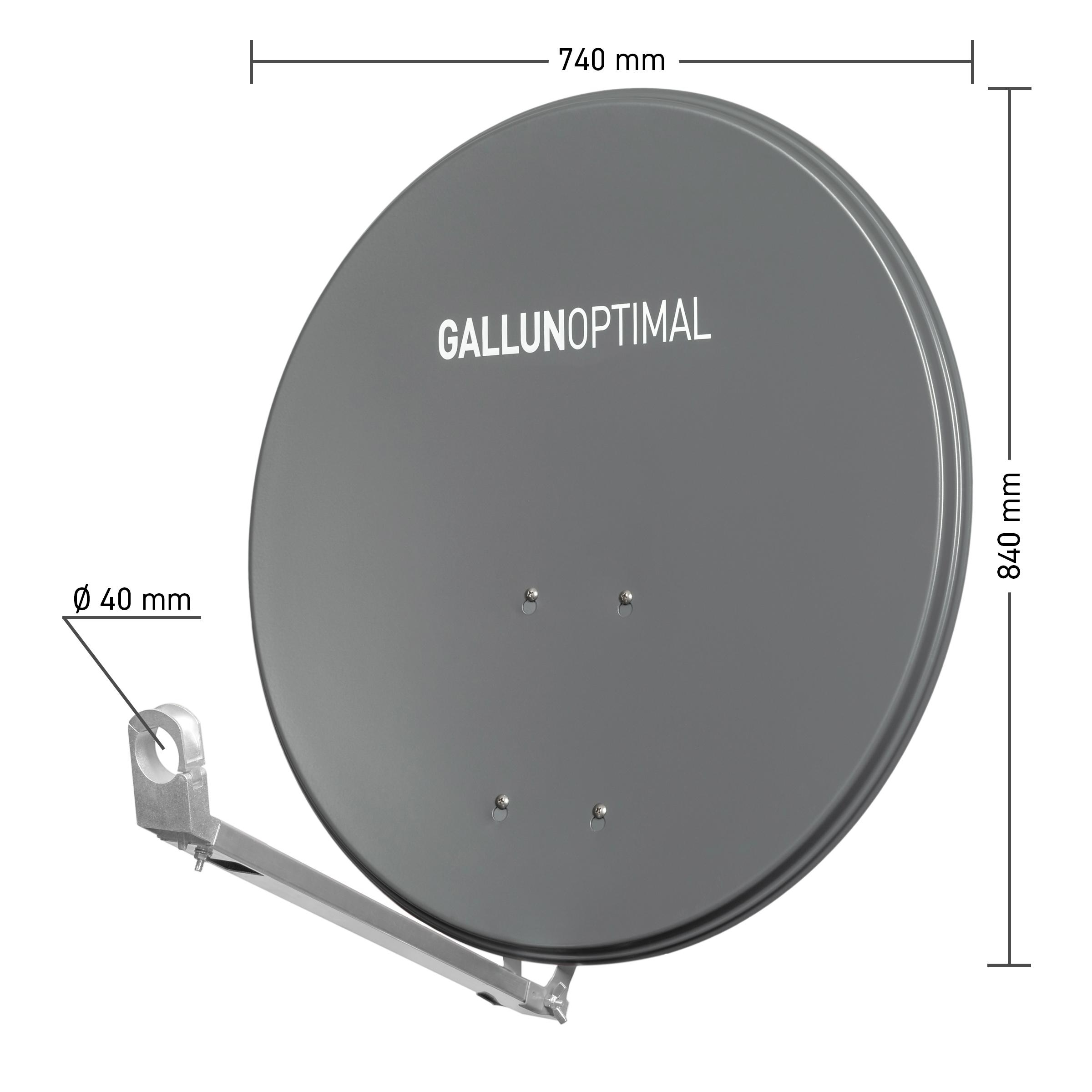 Graue Satellitenschüssel mit Text GALLUNOPTIMAL, Maßangaben und einem daran befestigten Arm.