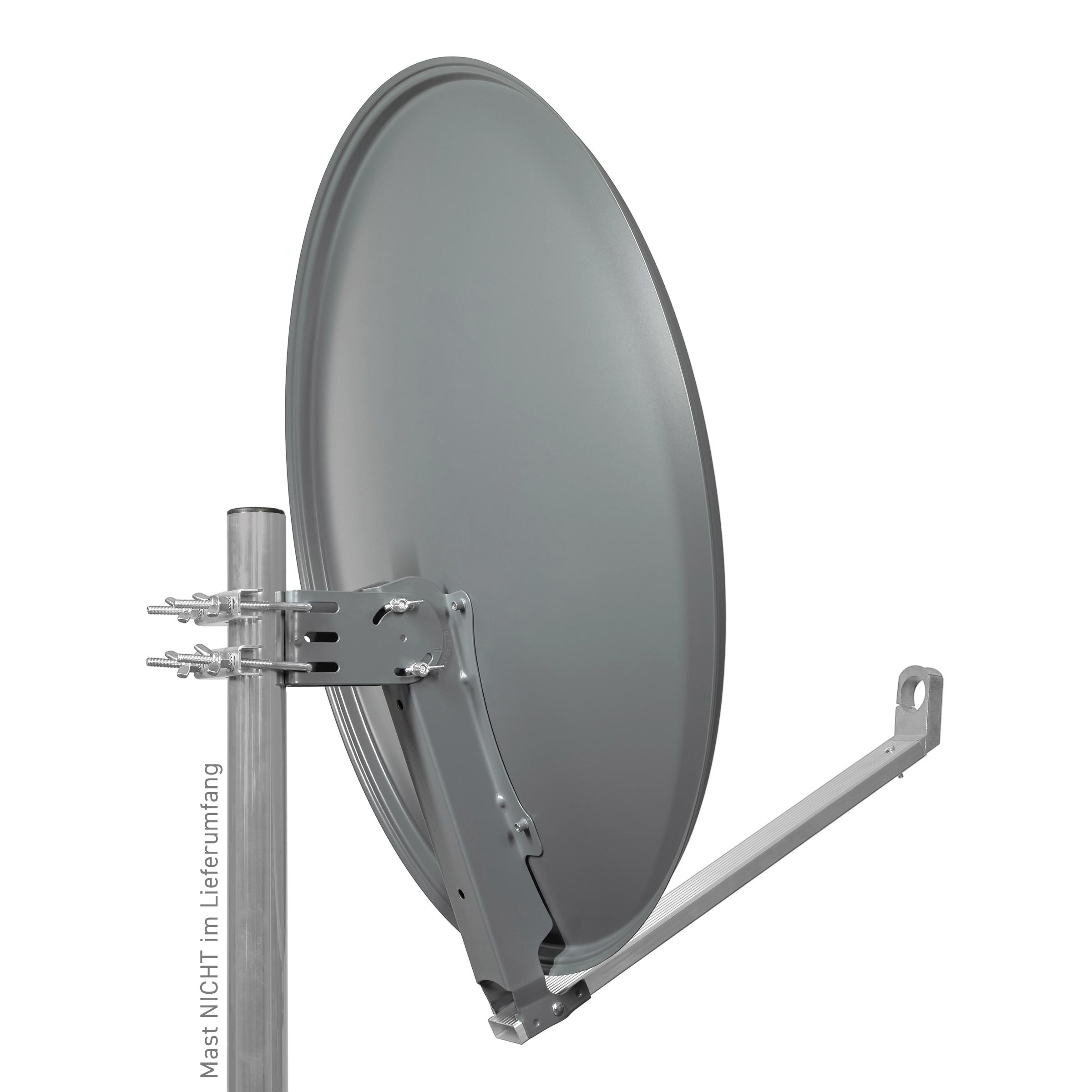 Eine silberne Satellitenschüssel, die an einer Stange mit einem abgewinkelten Stützarm befestigt ist. Der Hintergrund ist weiß.
