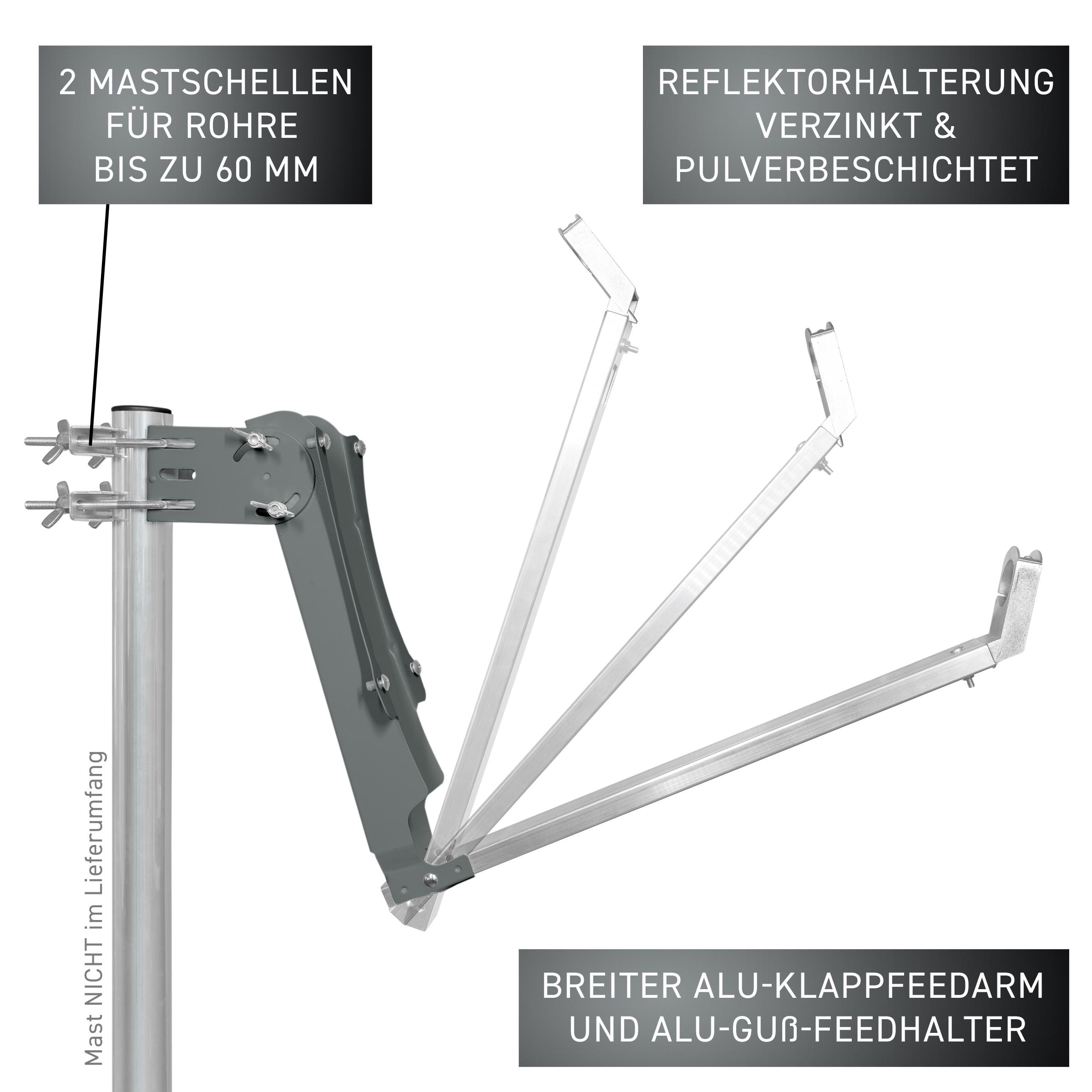Eine Metall-Antennenhalterung mit verstellbaren Armen. Sie hat eine schwarz-silberne Oberfläche.