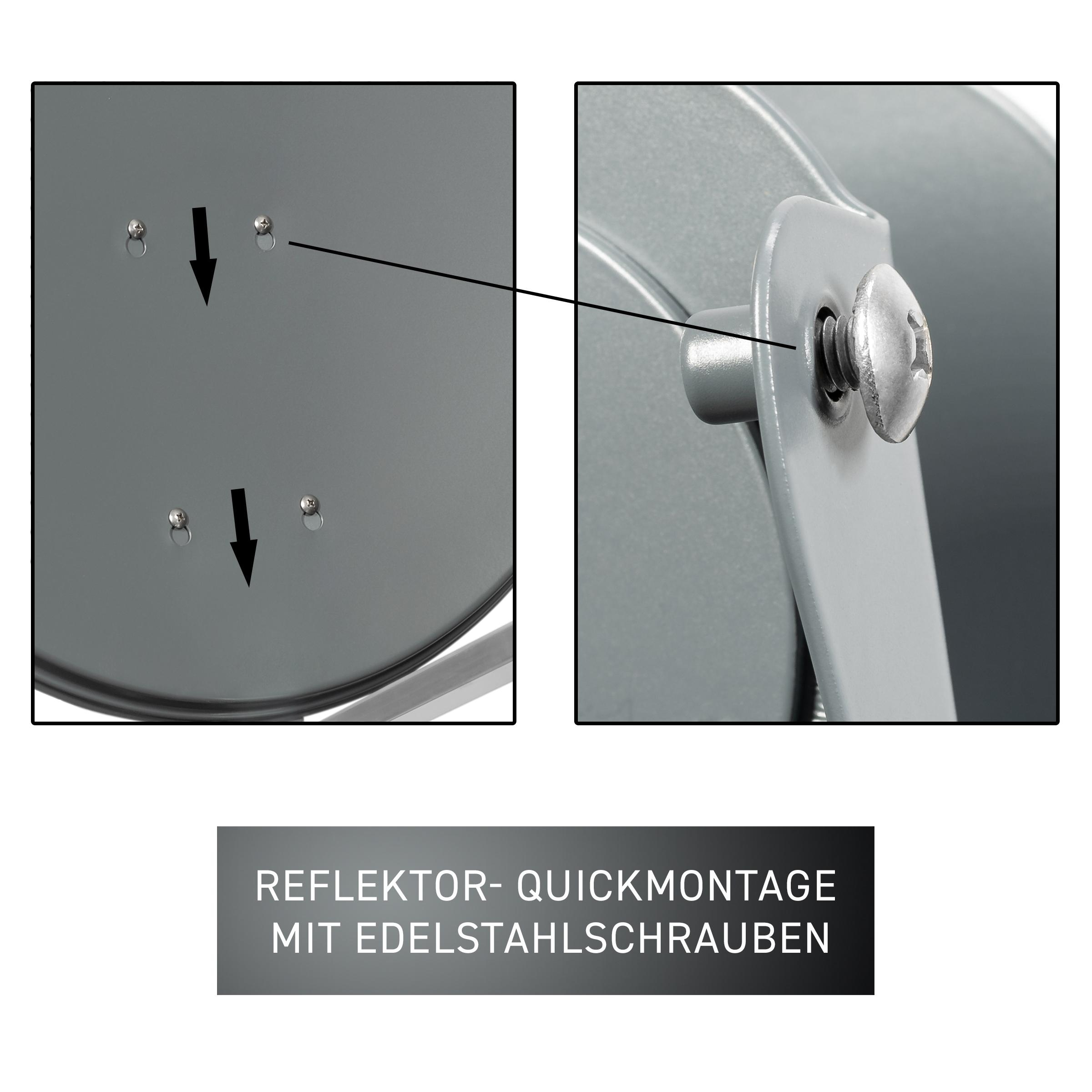 Nahaufnahme zeigt die Rückseite eines grauen Objekts mit Schrauben und Text: SCHNELLMONTAGE MIT EDELSTAHLSCHRAUBEN.
