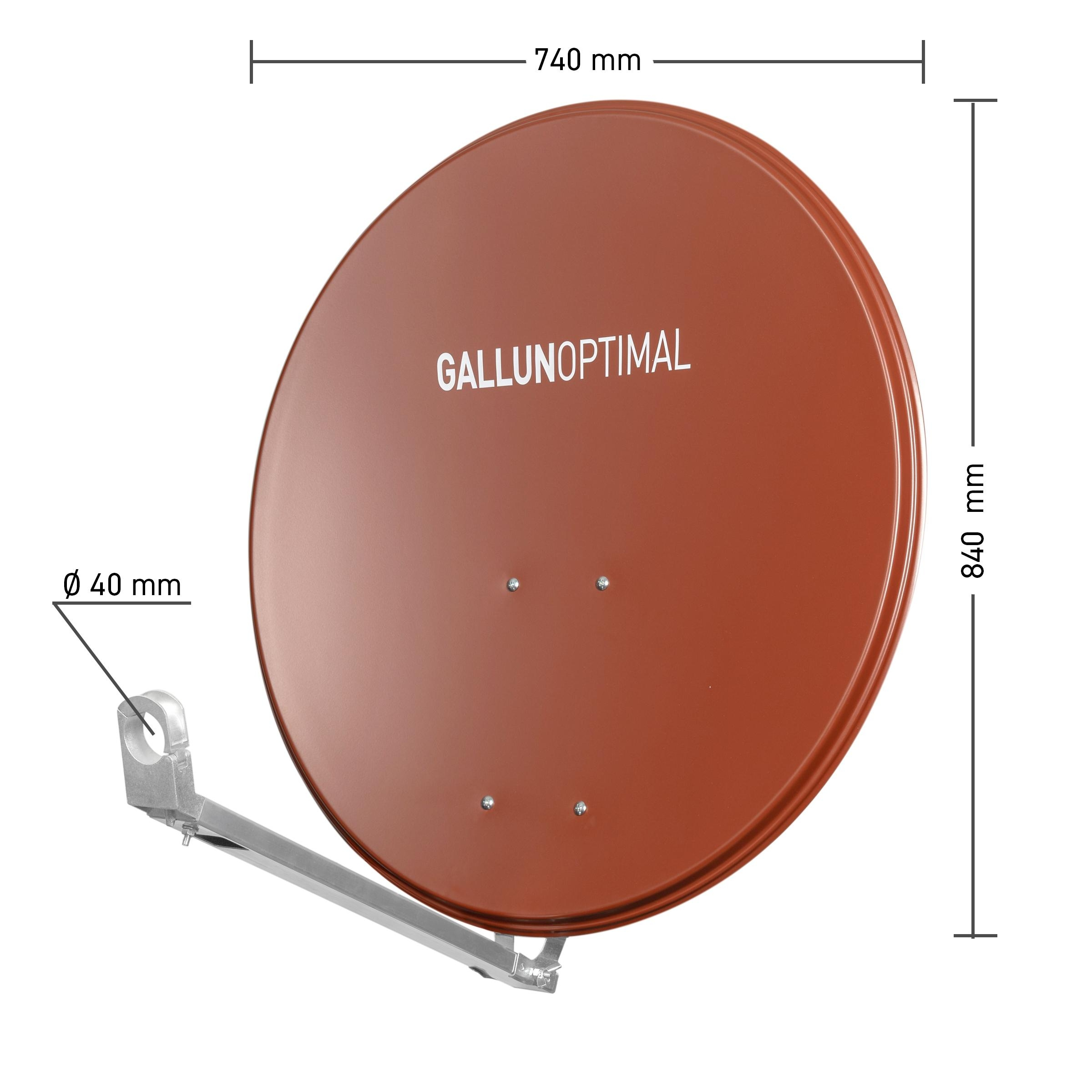 Eine Satellitenschüssel, braune Farbe, mit Messbeschriftungen. Auf der Schüssel steht: GALLUNOPTIMAL.