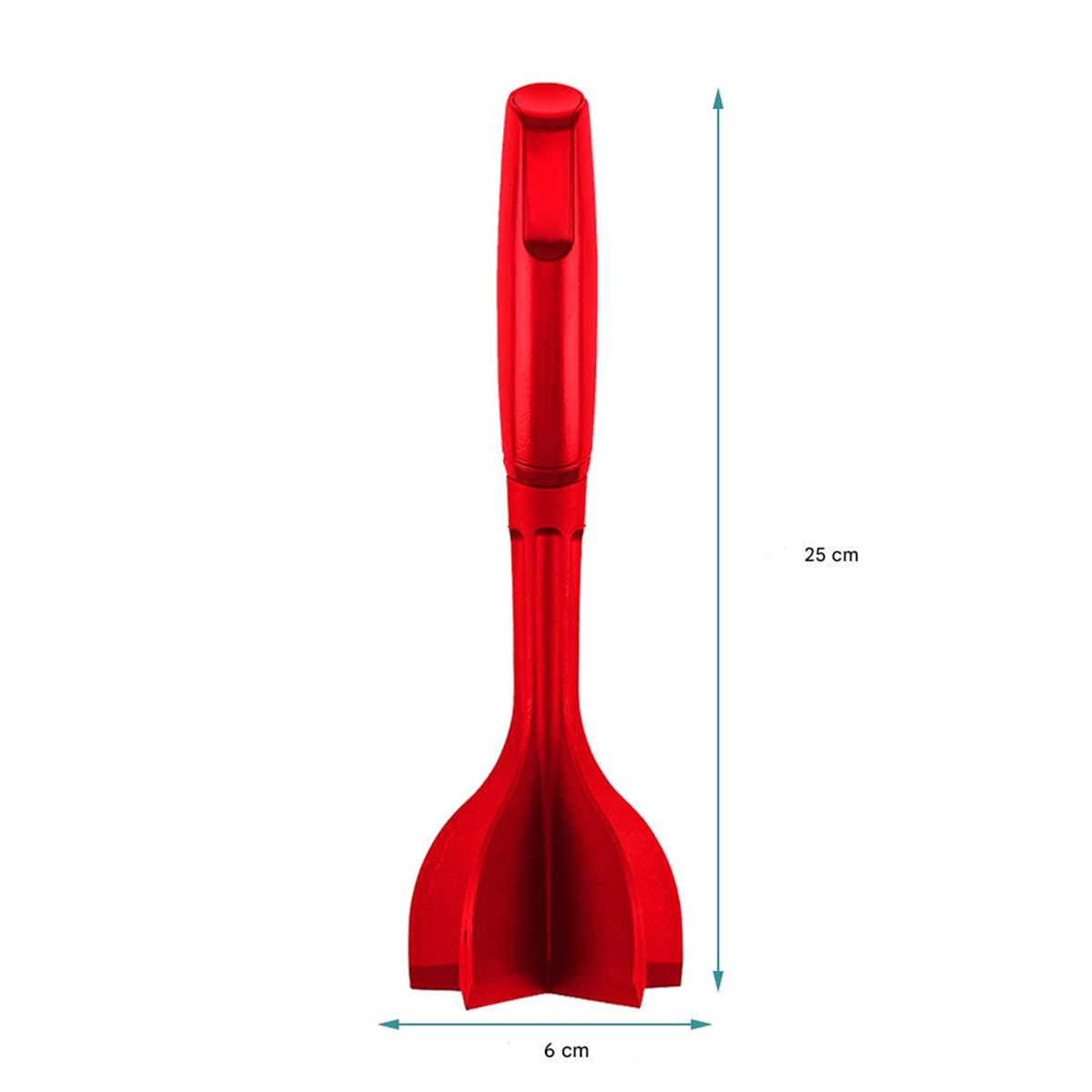 Ein roter Mehrklingen-Zerkleinerer mit den Maßen 25 cm hoch und 6 cm breit, vor weißem Hintergrund.