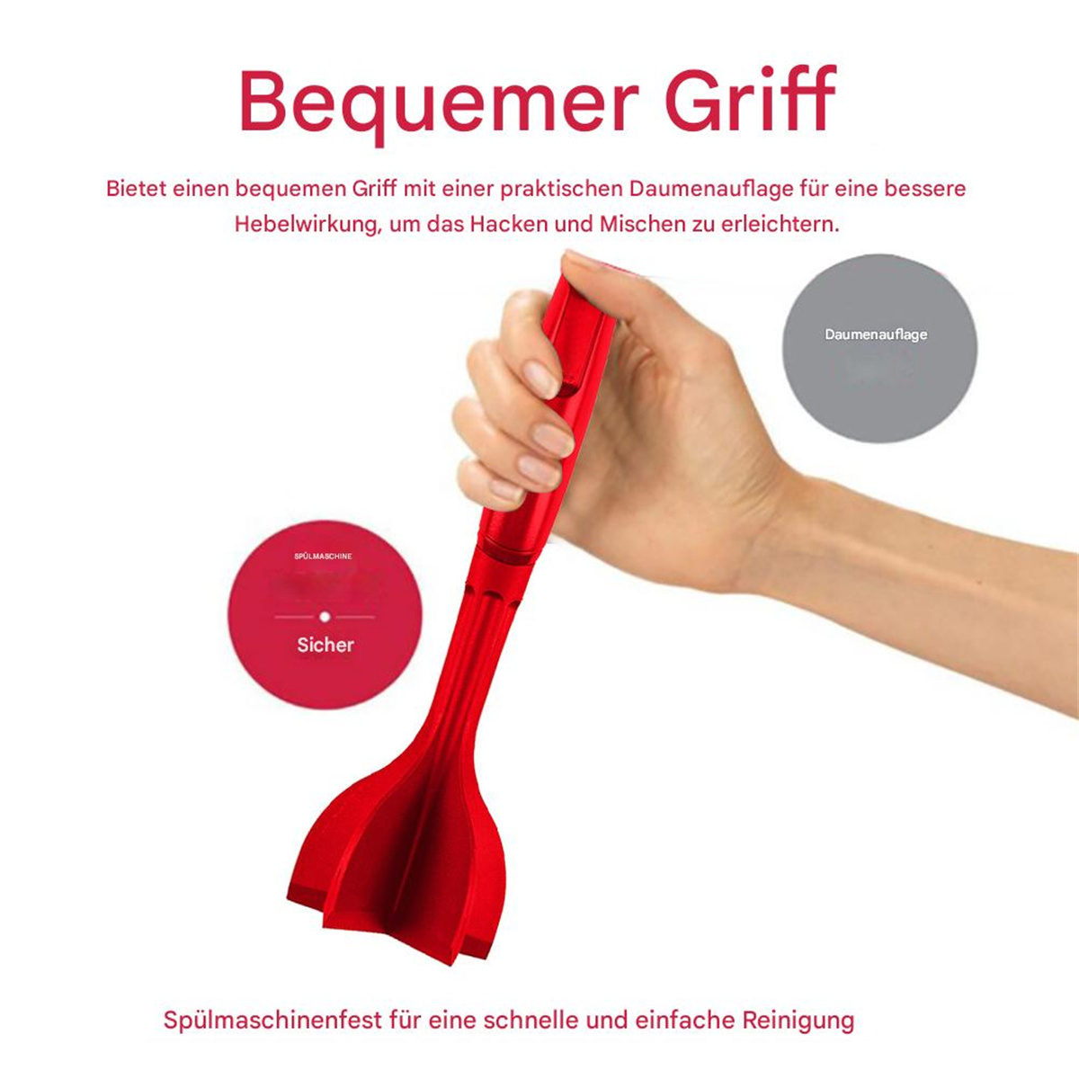 Rotes Küchenwerkzeug, Hand hält es, mit Textetiketten und weißem Hintergrund.