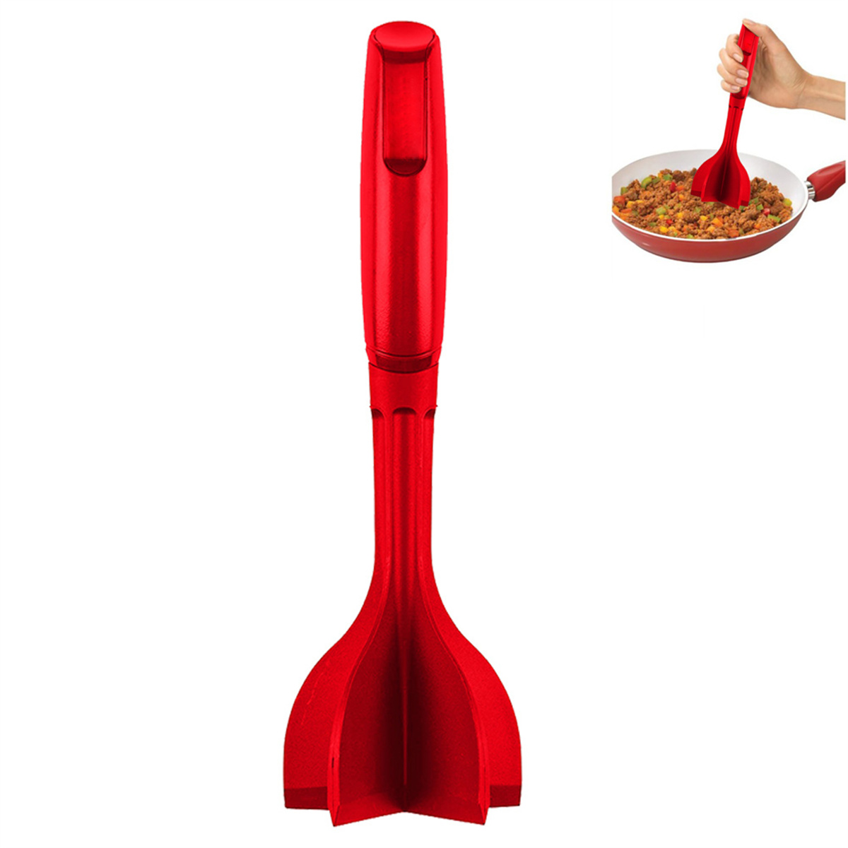 Ein rotes Fleischzerkleinerungswerkzeug, gezeigt mit dem Produkt und in einer Pfanne in Gebrauch.