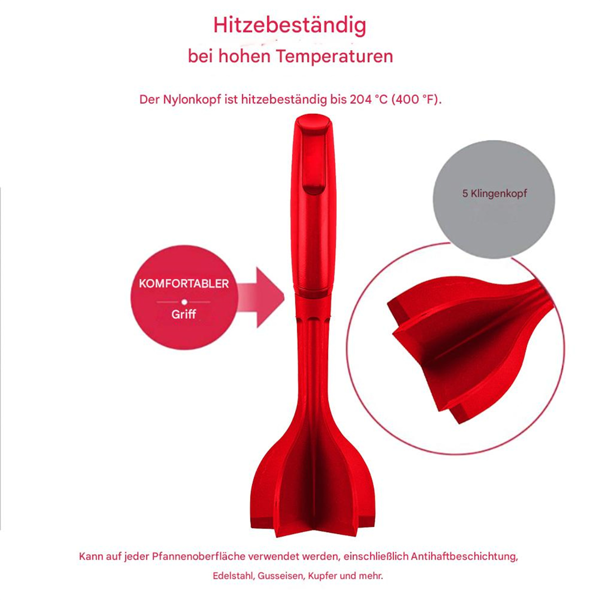 Rotes Küchenwerkzeug zum Hacken, mit rotem Griff und Messerkopf mit fünf Klingen und Text.