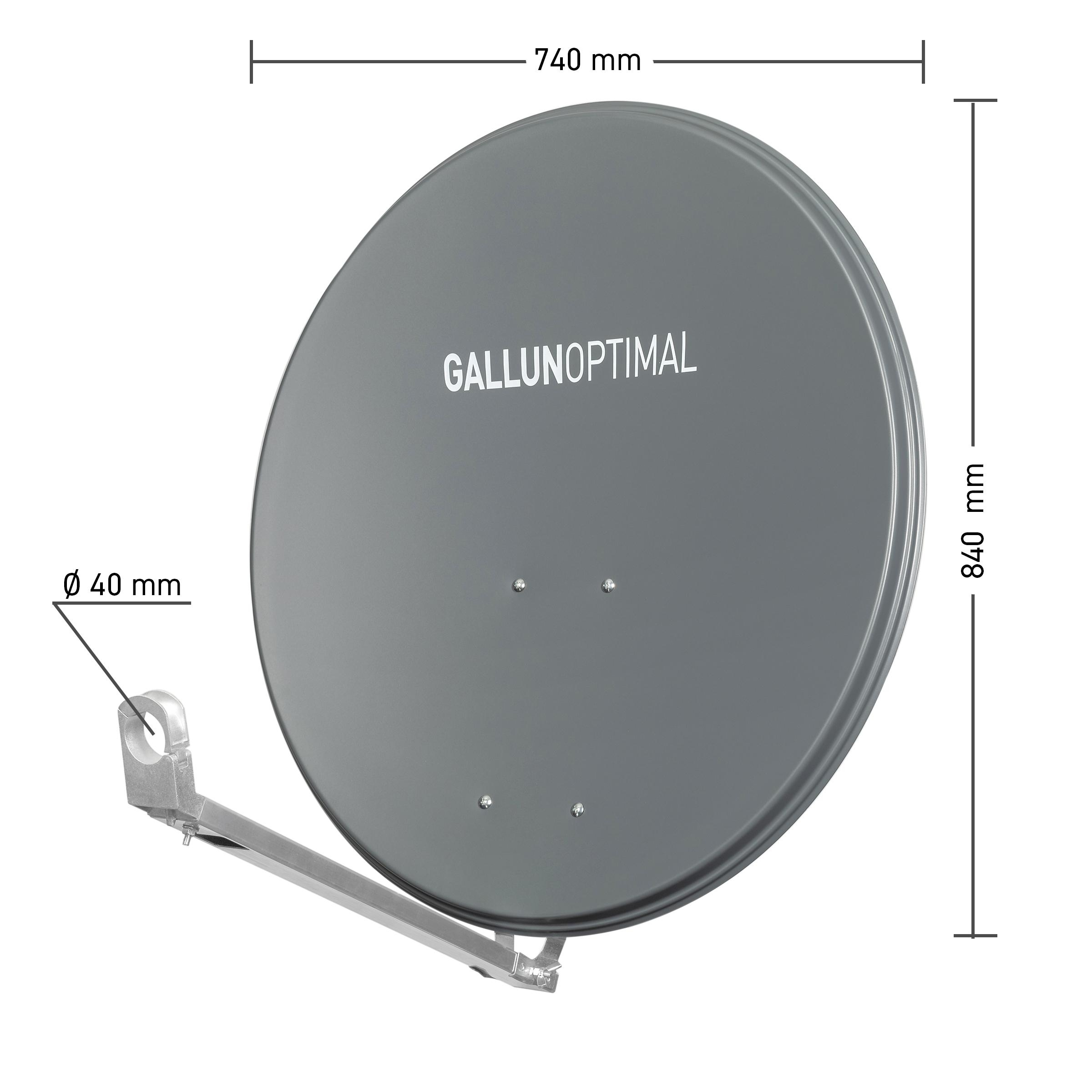 Eine Satellitenschüssel mit dem Markennamen 'GALLUNOPTIMAL' und Abmessungen in Millimetern.