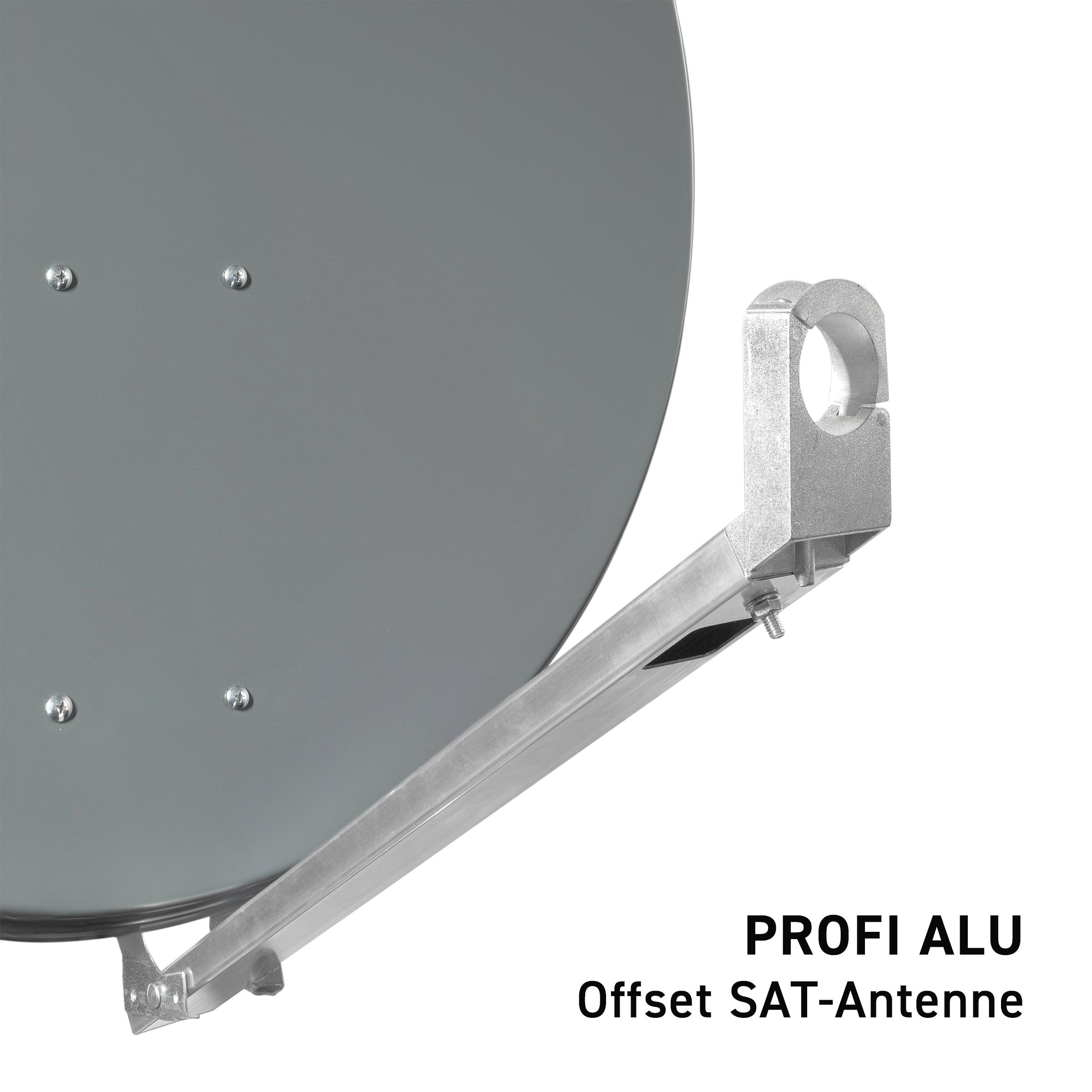 Eine graue Satellitenschüssel mit einem Montagearm. Der Text 'PROFI ALU' und 'Offset SAT-Antenne' wird angezeigt.
