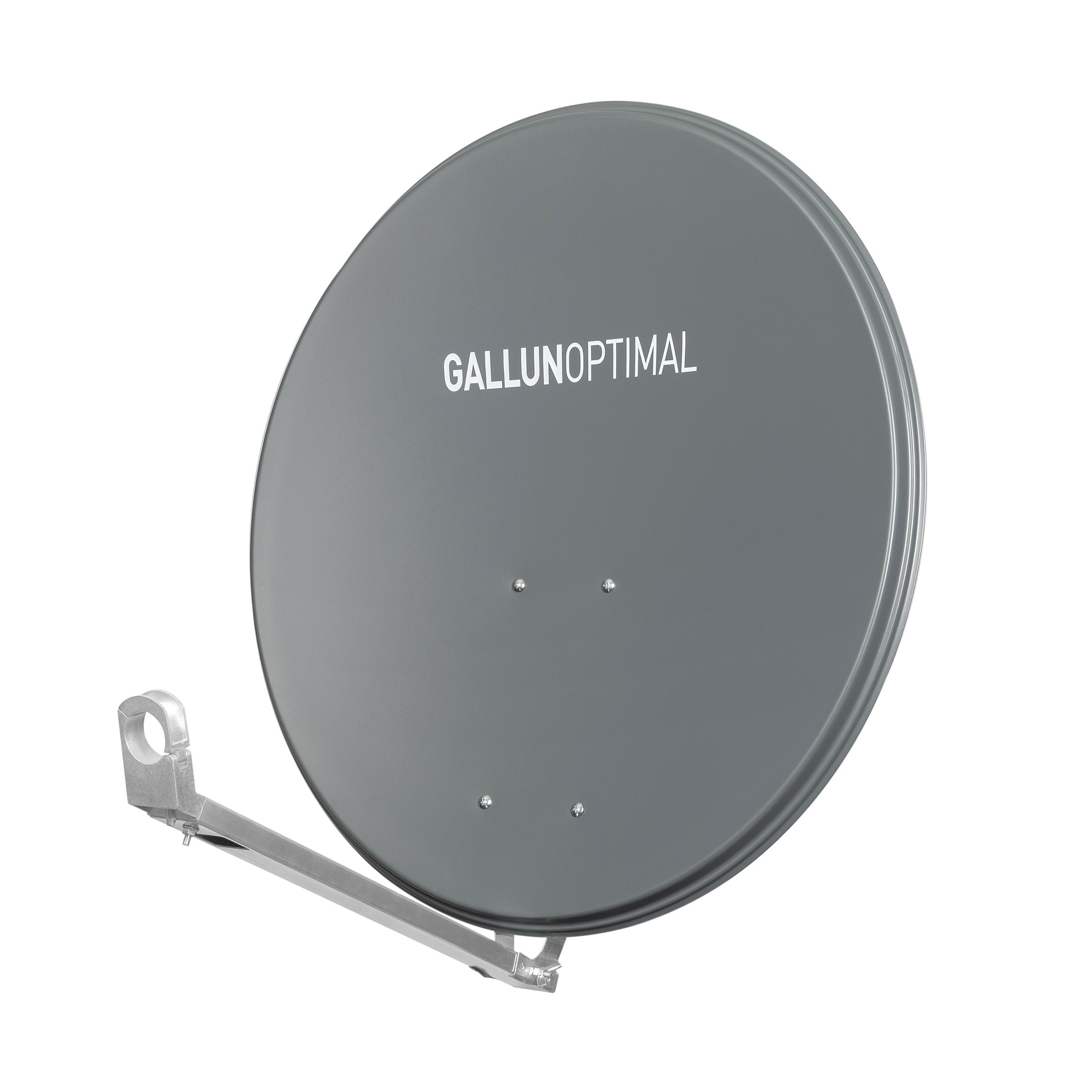 Eine graue Satellitenschüssel mit dem Wort GALLUNOPTIMAL darauf, montiert auf weißem Hintergrund.