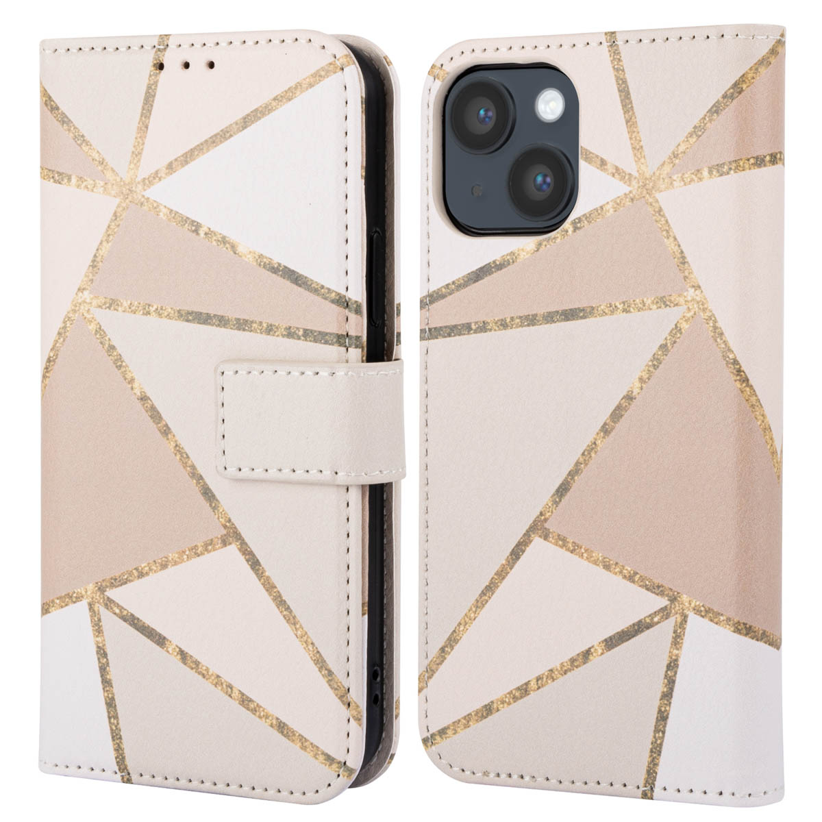 Un étui de téléphone avec un motif géométrique et une fermeture magnétique. Des couleurs beige, blanc et or sont visibles.