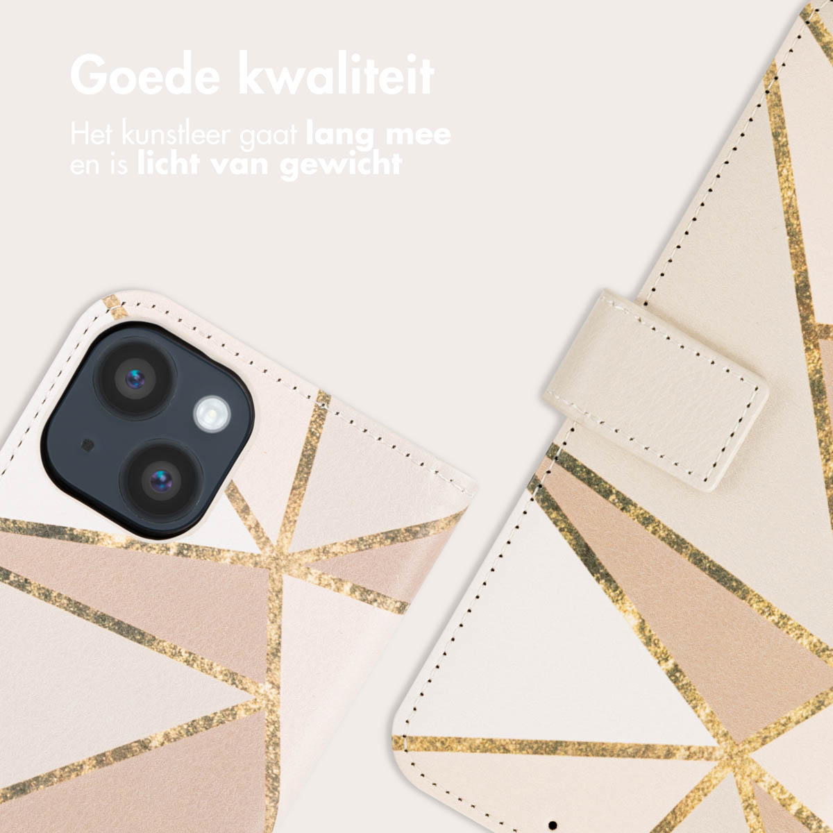 Gros plan d'un étui de téléphone ouvert. Design géométrique beige, blanc et or. Texte : Bonne qualité.