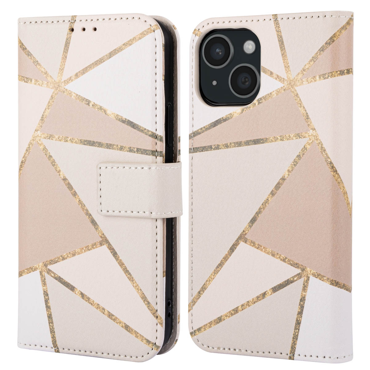 Een telefoonhoesje in geometrisch design. Het is wit, beige en goudkleurig met een magnetische sluiting en een telefoon.