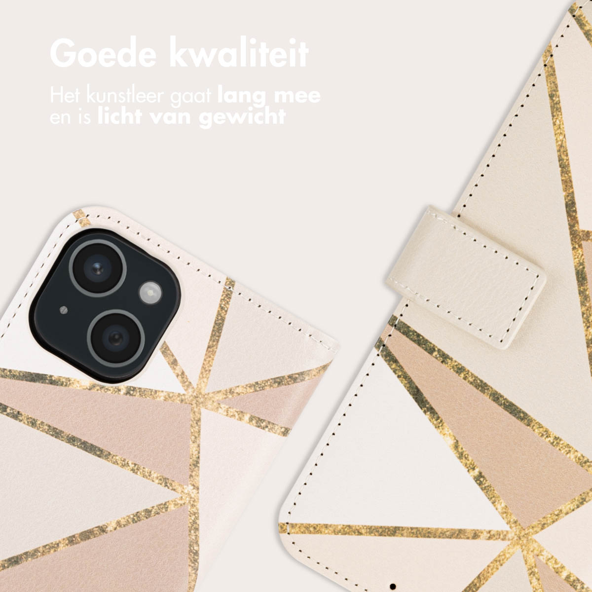 Een telefoonhoesje met een roze en gouden geometrisch ontwerp en een klep.