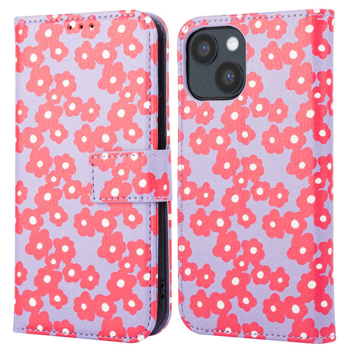 Een lichtpaarse telefoonhoes met een bloemmotief in rood en wit, open en dichtgevouwen.